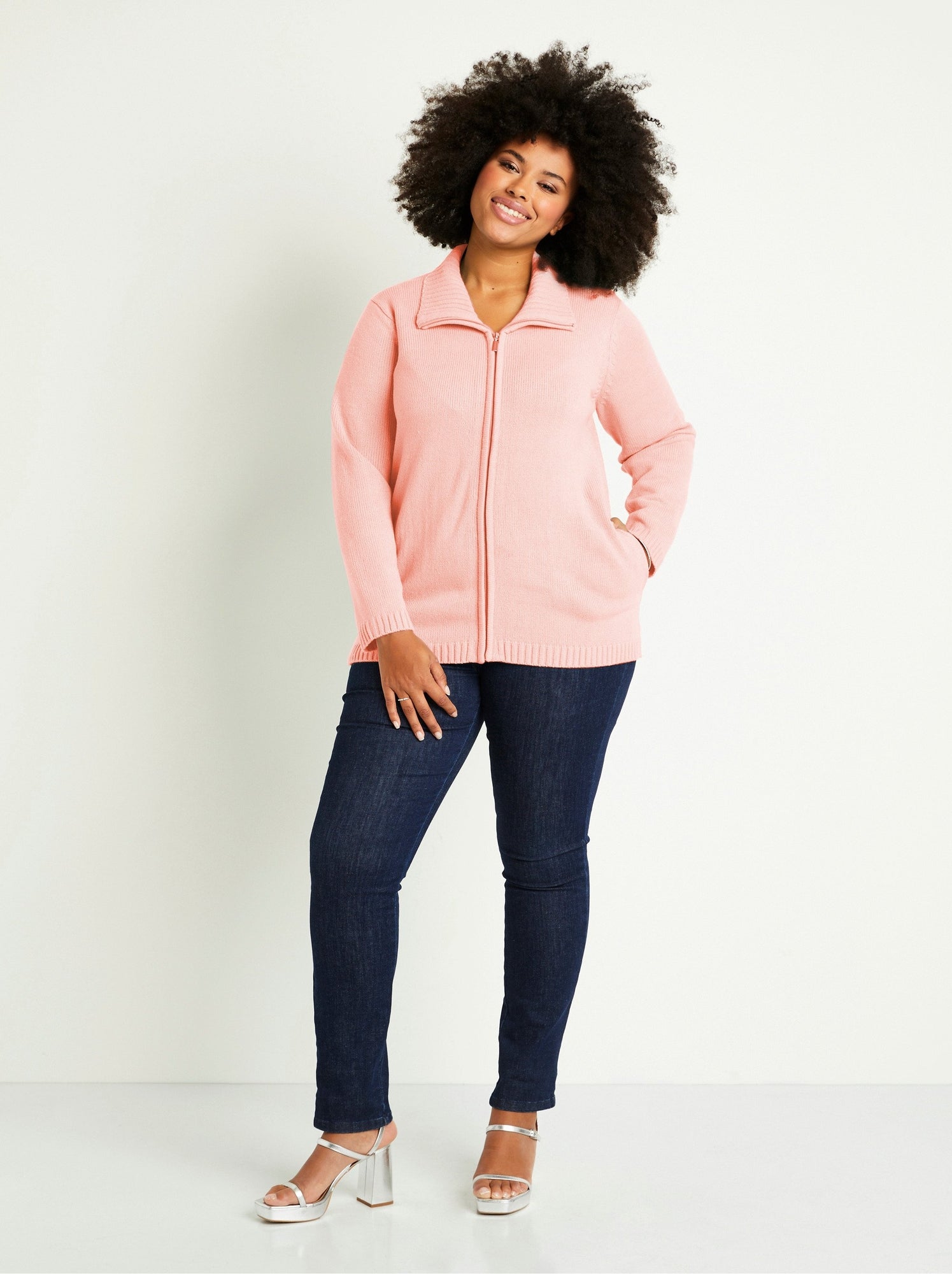 Gilet zippé long uni col montant - Rose