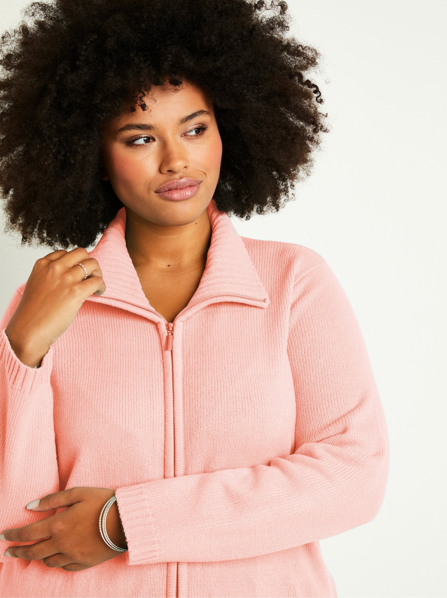 Gilet zippé long uni col montant - Rose