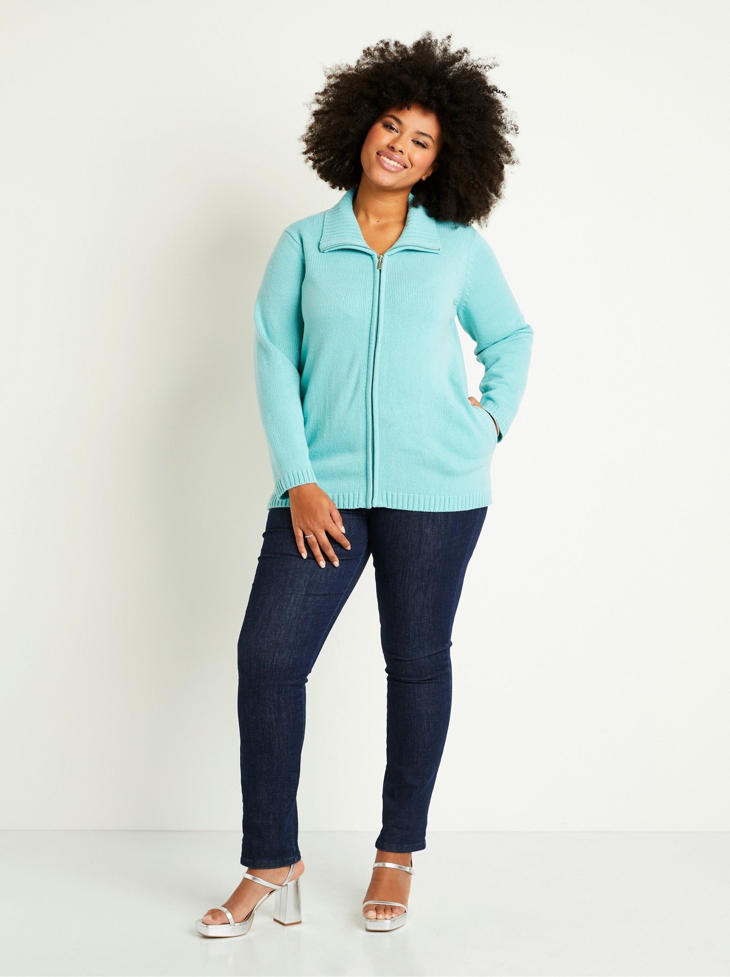 Gilet zippé long uni col montant - Vert
