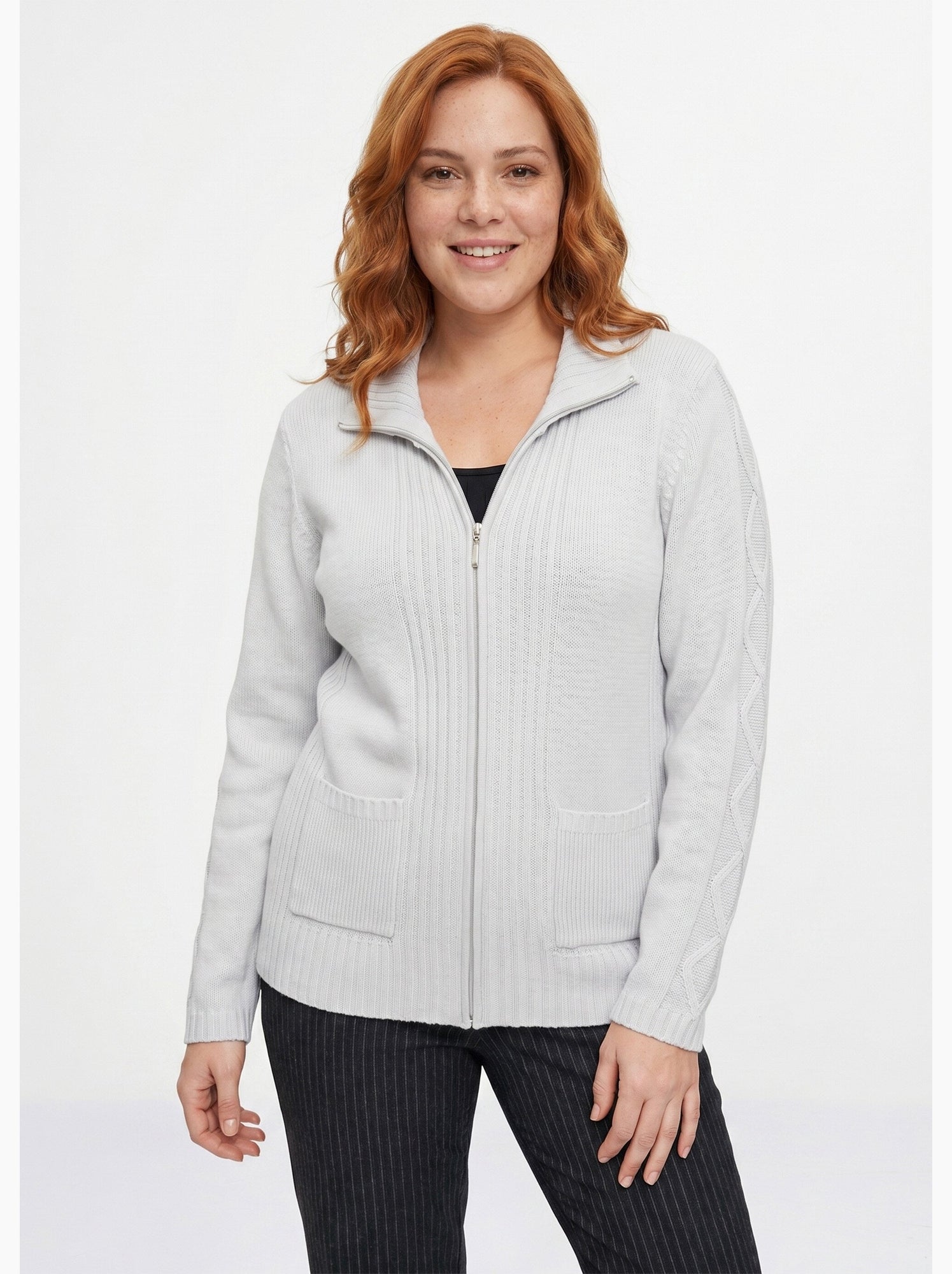 Gilet zippé uni mi-long maille épaisse - afibel - Argent