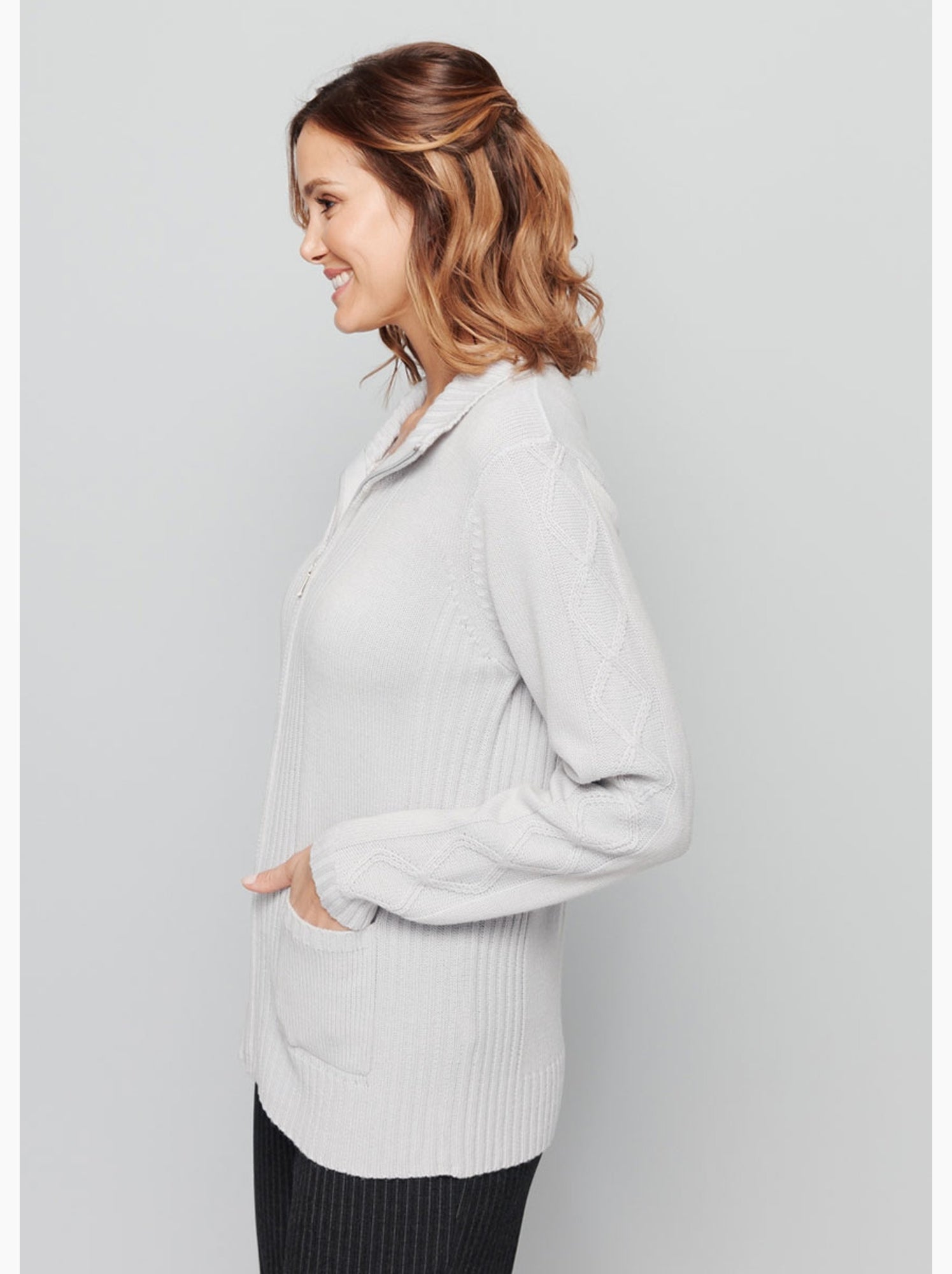 Gilet zippé uni mi-long maille épaisse - afibel - Argent