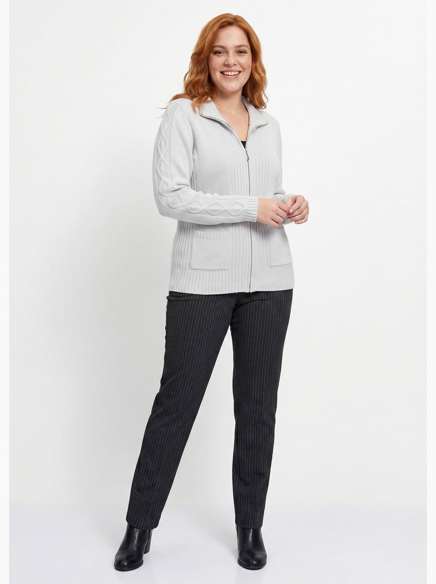 Gilet zippé uni mi-long maille épaisse - afibel - Argent