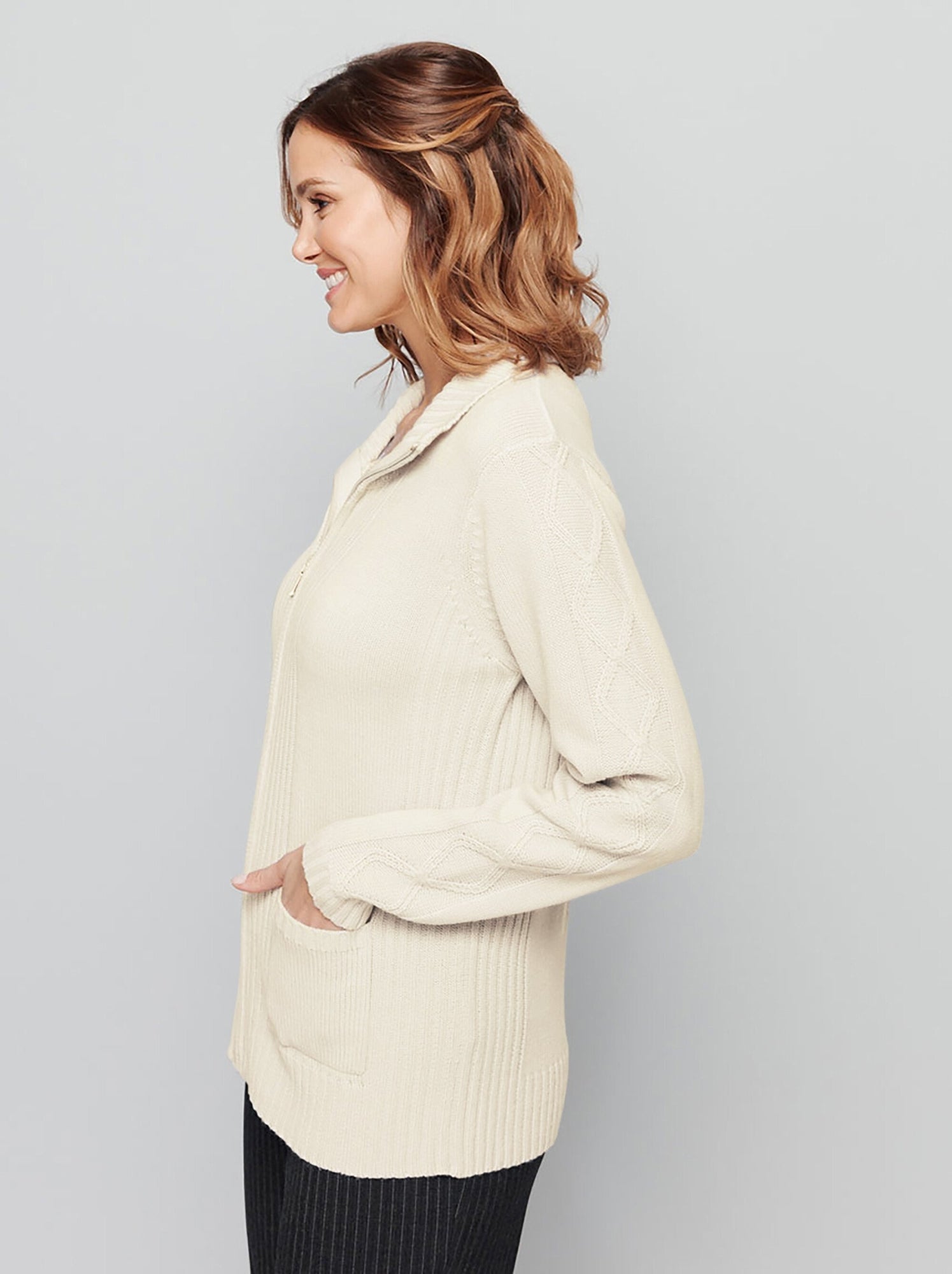 Gilet zippé uni mi-long maille épaisse - afibel - Ecru