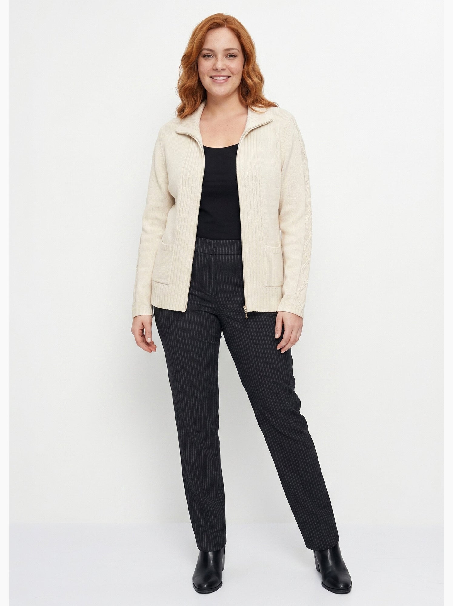 Gilet zippé uni mi-long maille épaisse - afibel - Ecru