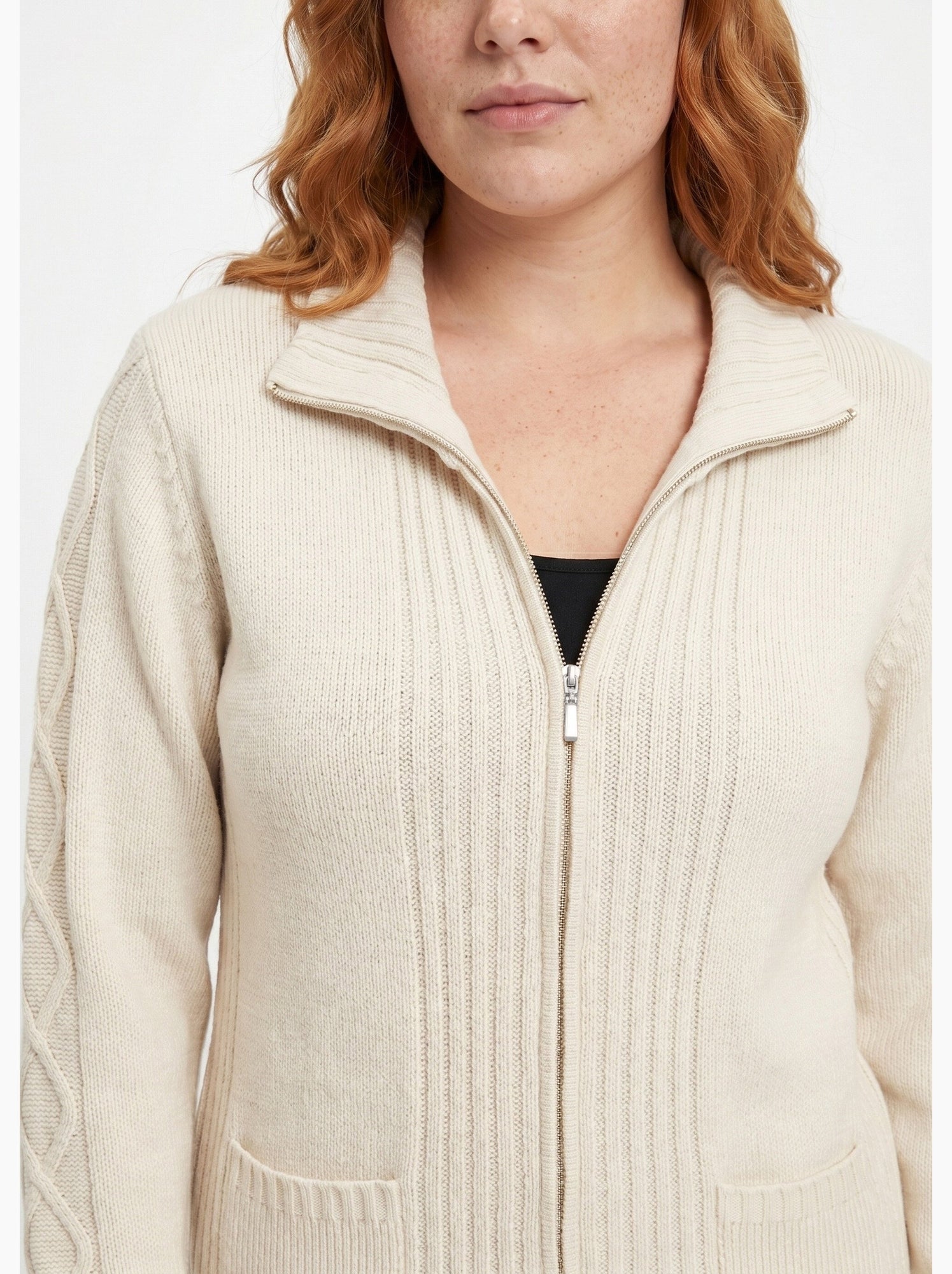 Gilet zippé uni mi-long maille épaisse - afibel - Ecru