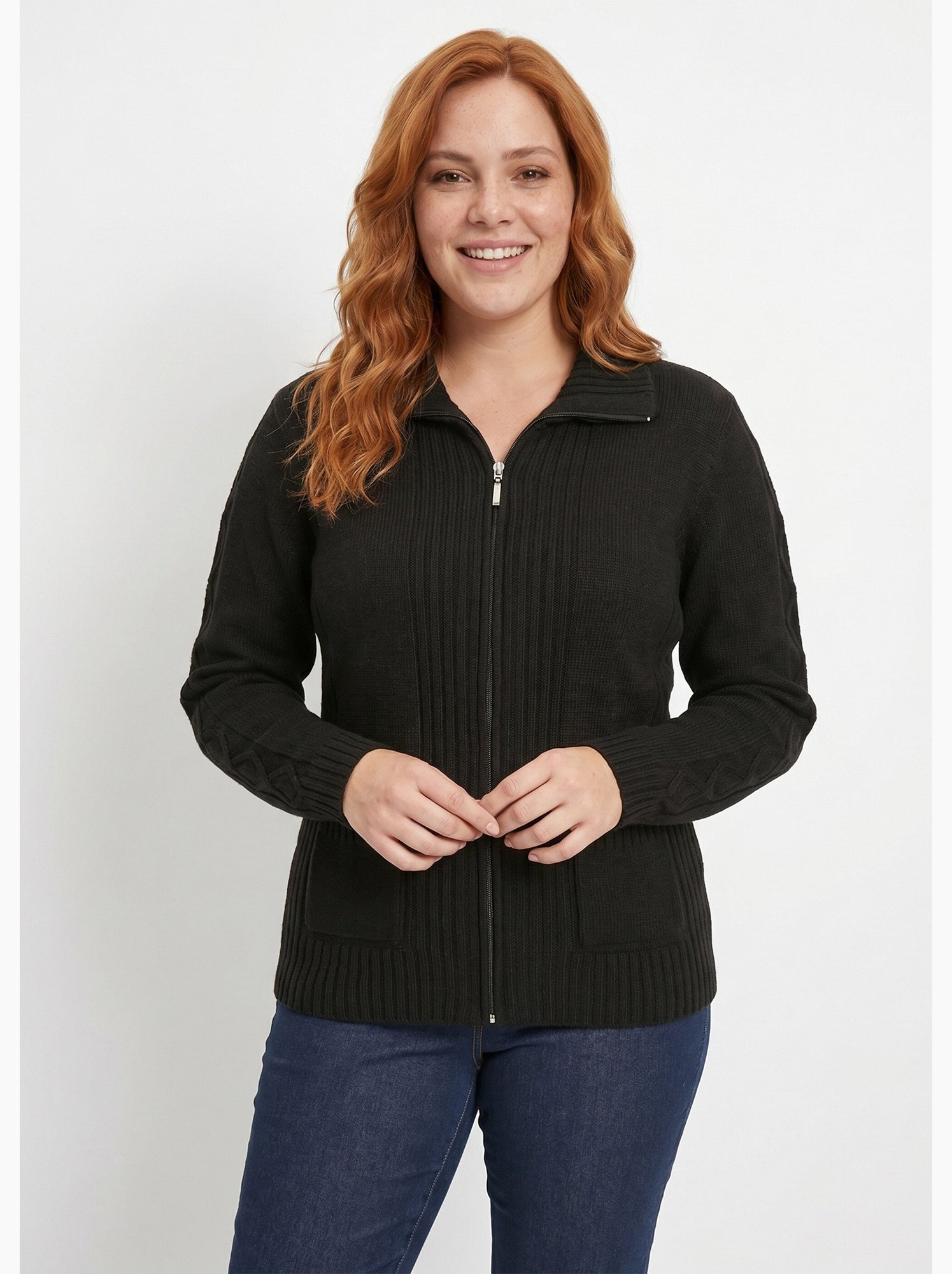 Gilet zippé uni mi-long maille épaisse - afibel - Noir