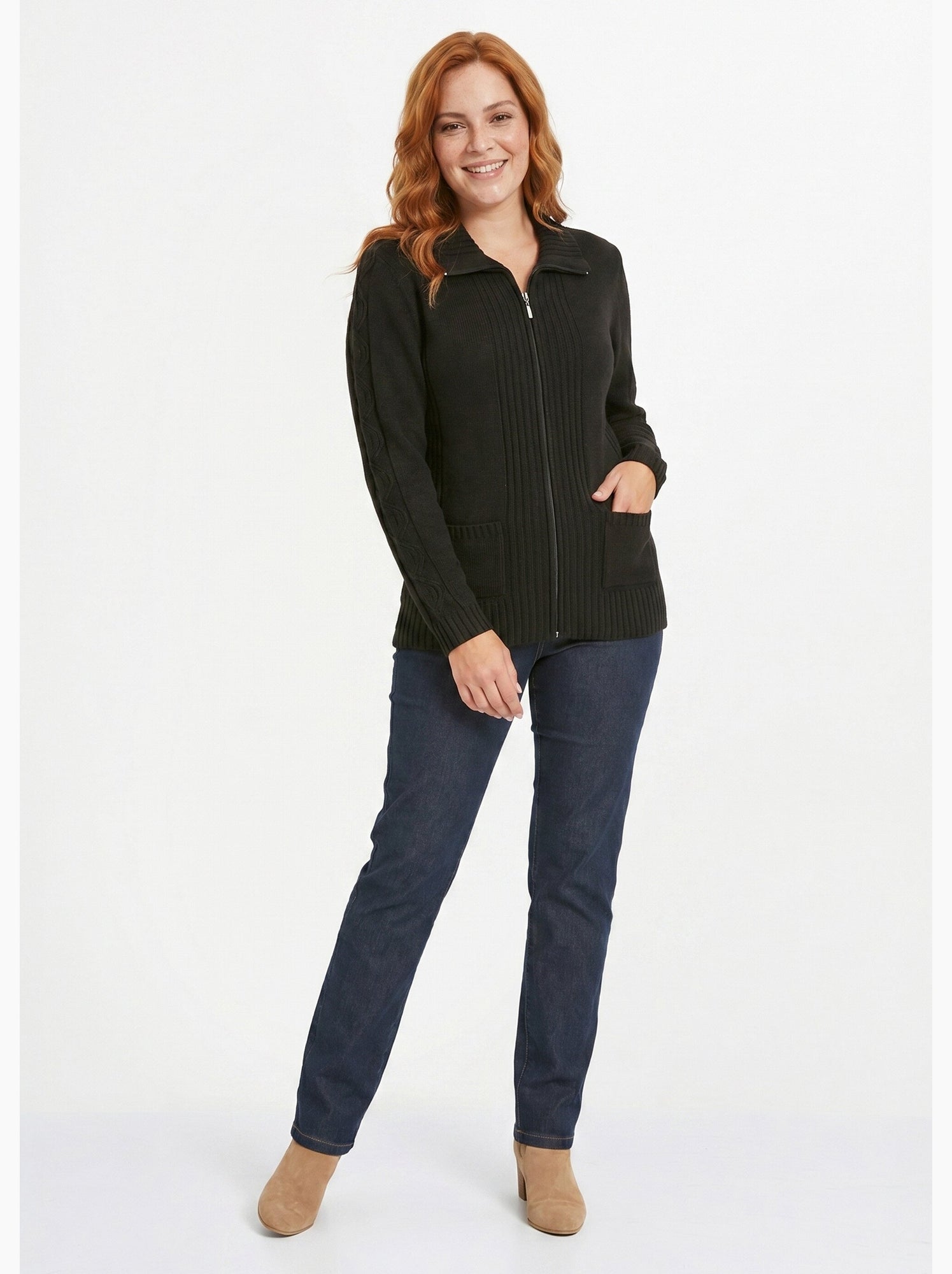 Gilet zippé uni mi-long maille épaisse - afibel - Noir