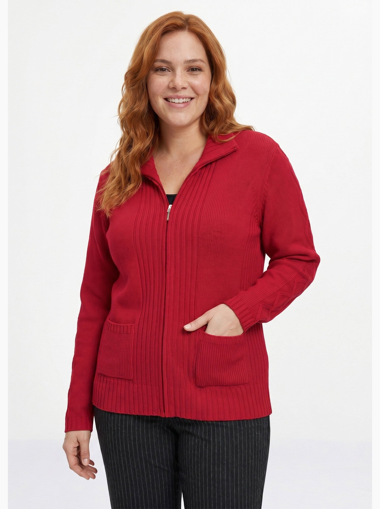 Gilet zippé uni mi-long maille épaisse - afibel - Rose