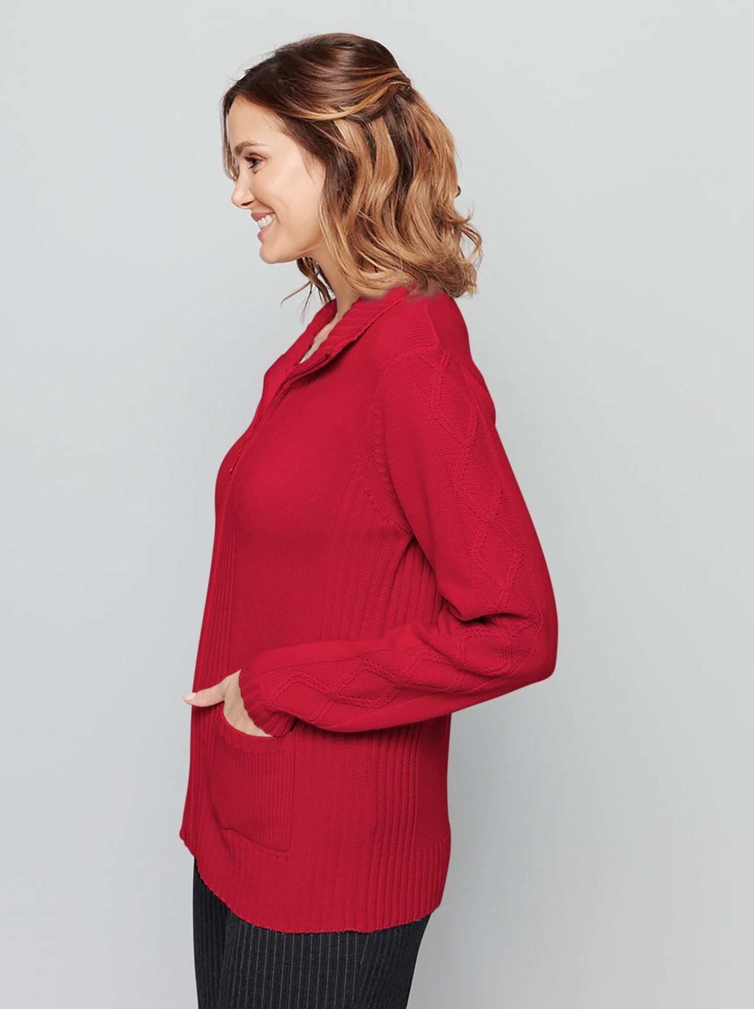 Gilet zippé uni mi-long maille épaisse - afibel - Rose