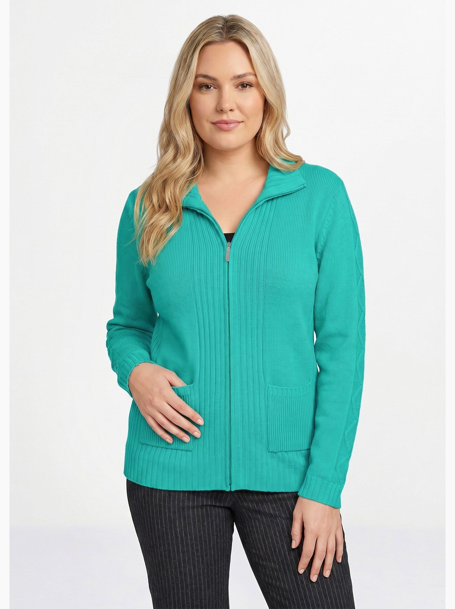 Gilet zippé uni mi-long maille épaisse - afibel - Vert émeraude