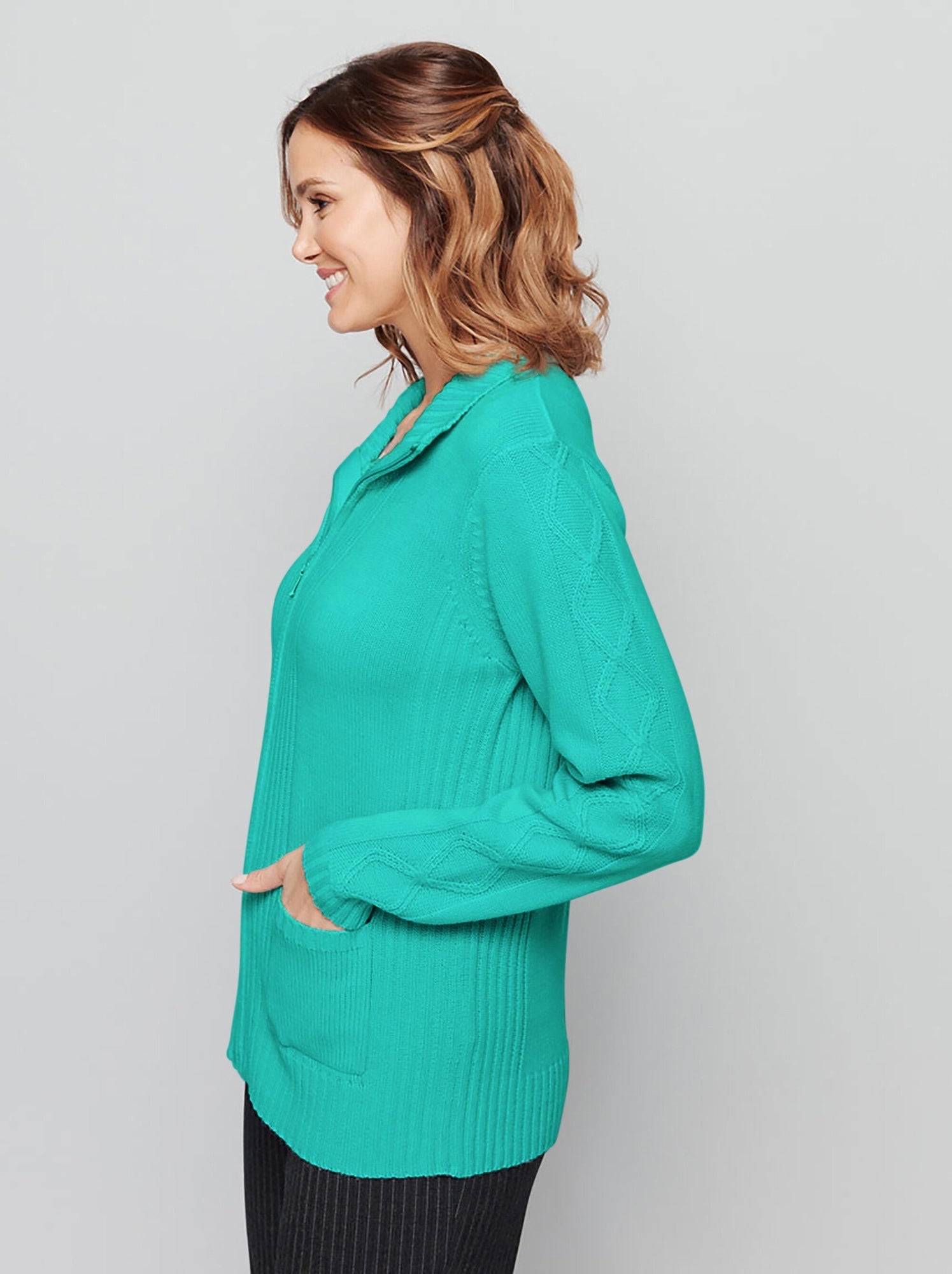Gilet zippé uni mi-long maille épaisse - afibel - Vert émeraude