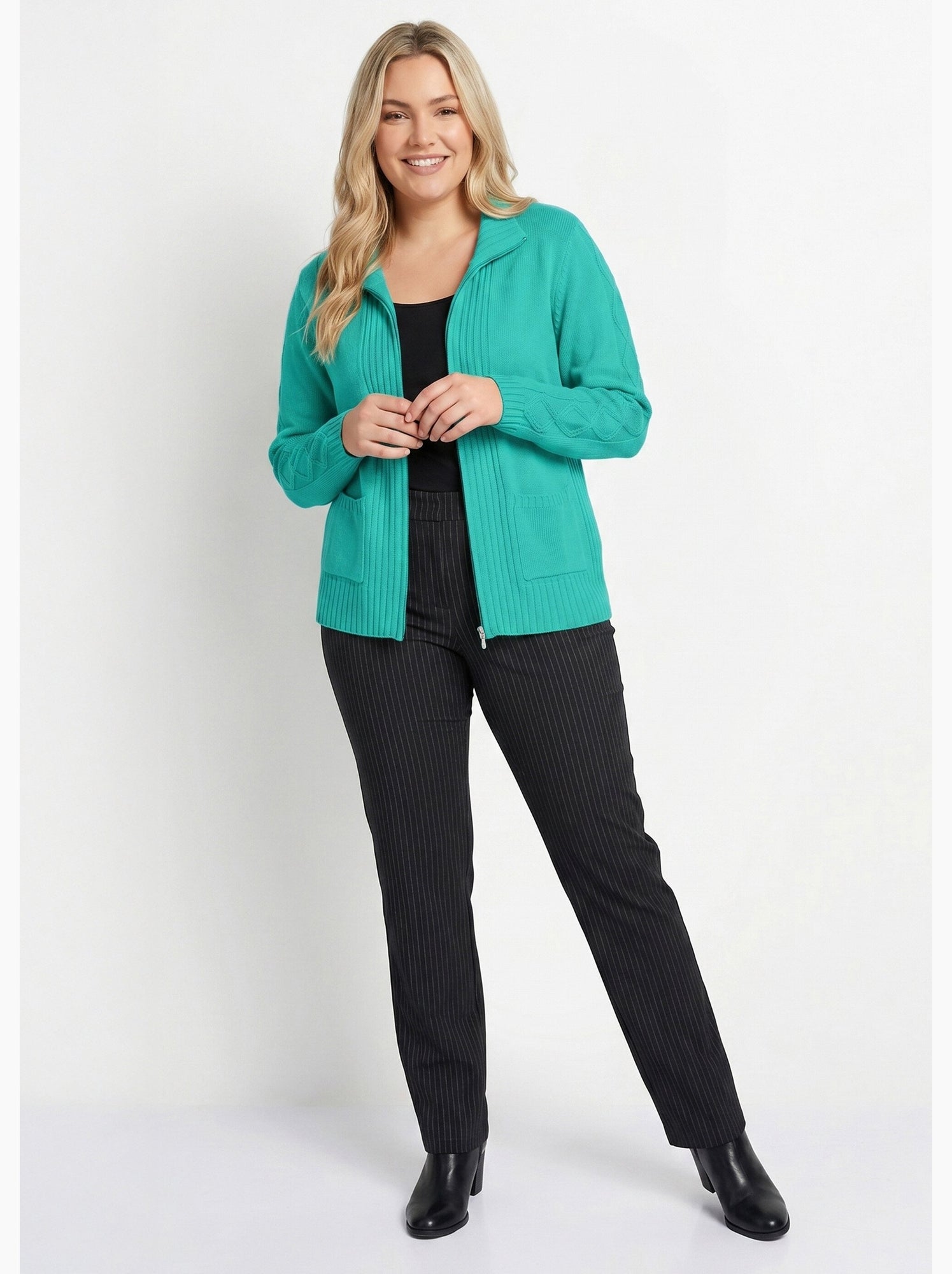 Gilet zippé uni mi-long maille épaisse - afibel - Vert émeraude