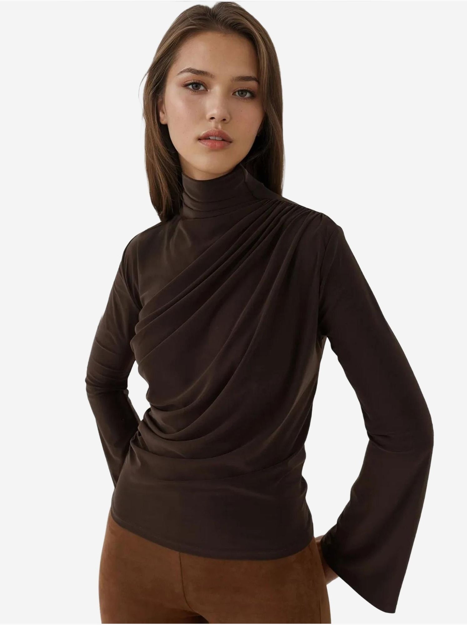 Haut à col roulé mi-long drapé, manches longues, coupe ajustée - Marron chocolat
