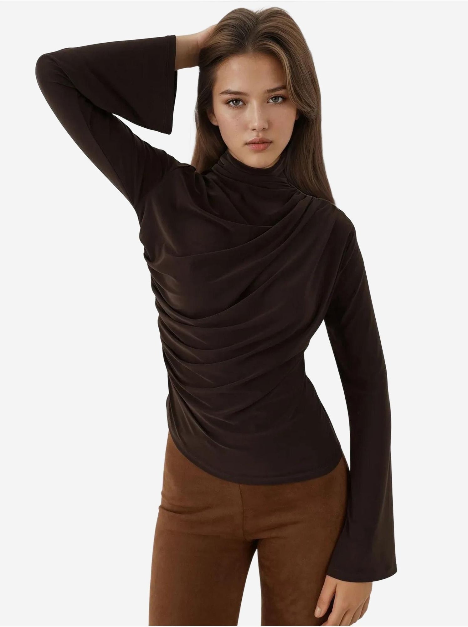 Haut à col roulé mi-long drapé, manches longues, coupe ajustée - Marron chocolat
