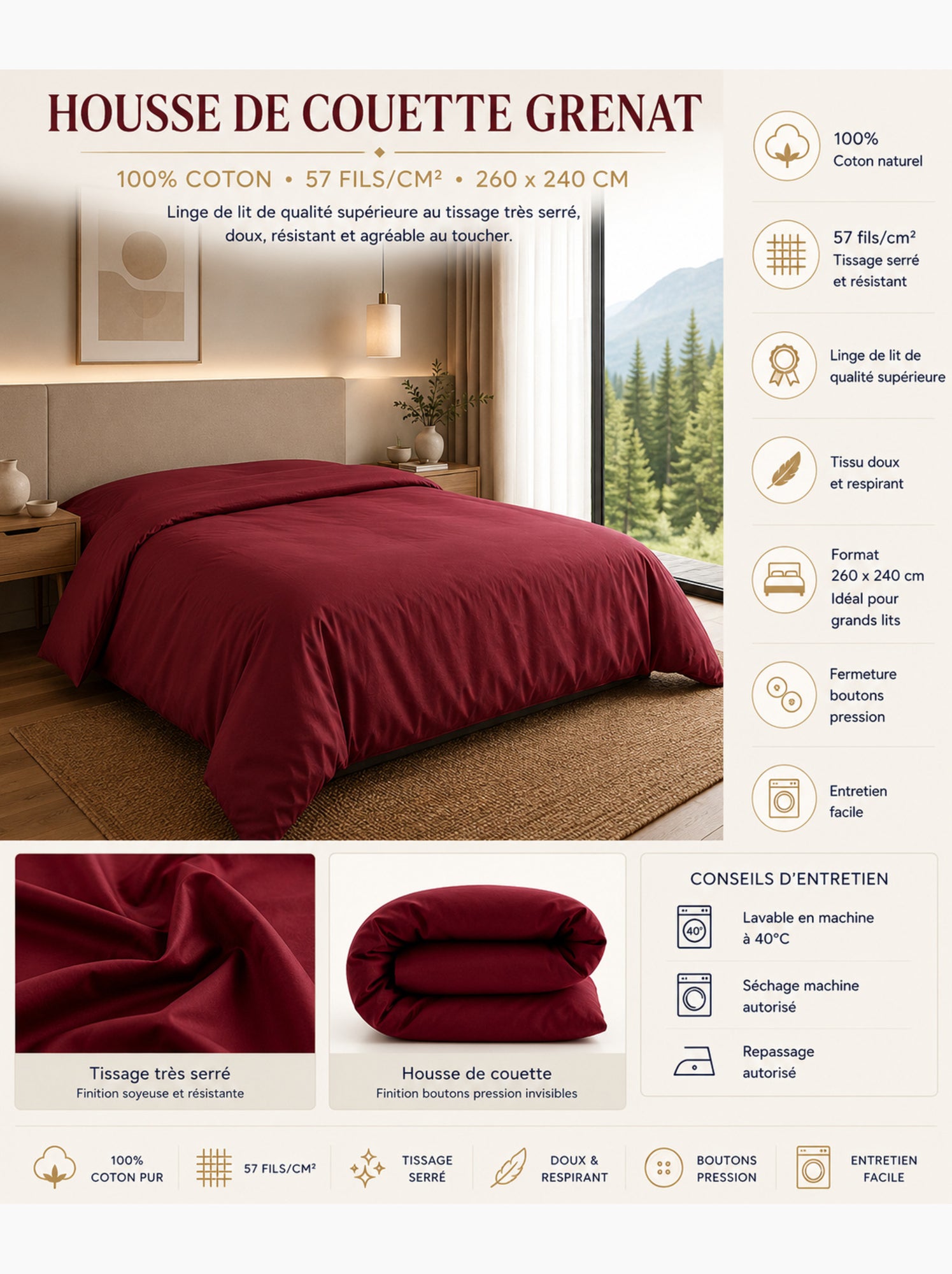 Housse de couette – 100% coton 57 fils/cm² – qualité supérieure - Bordeaux
