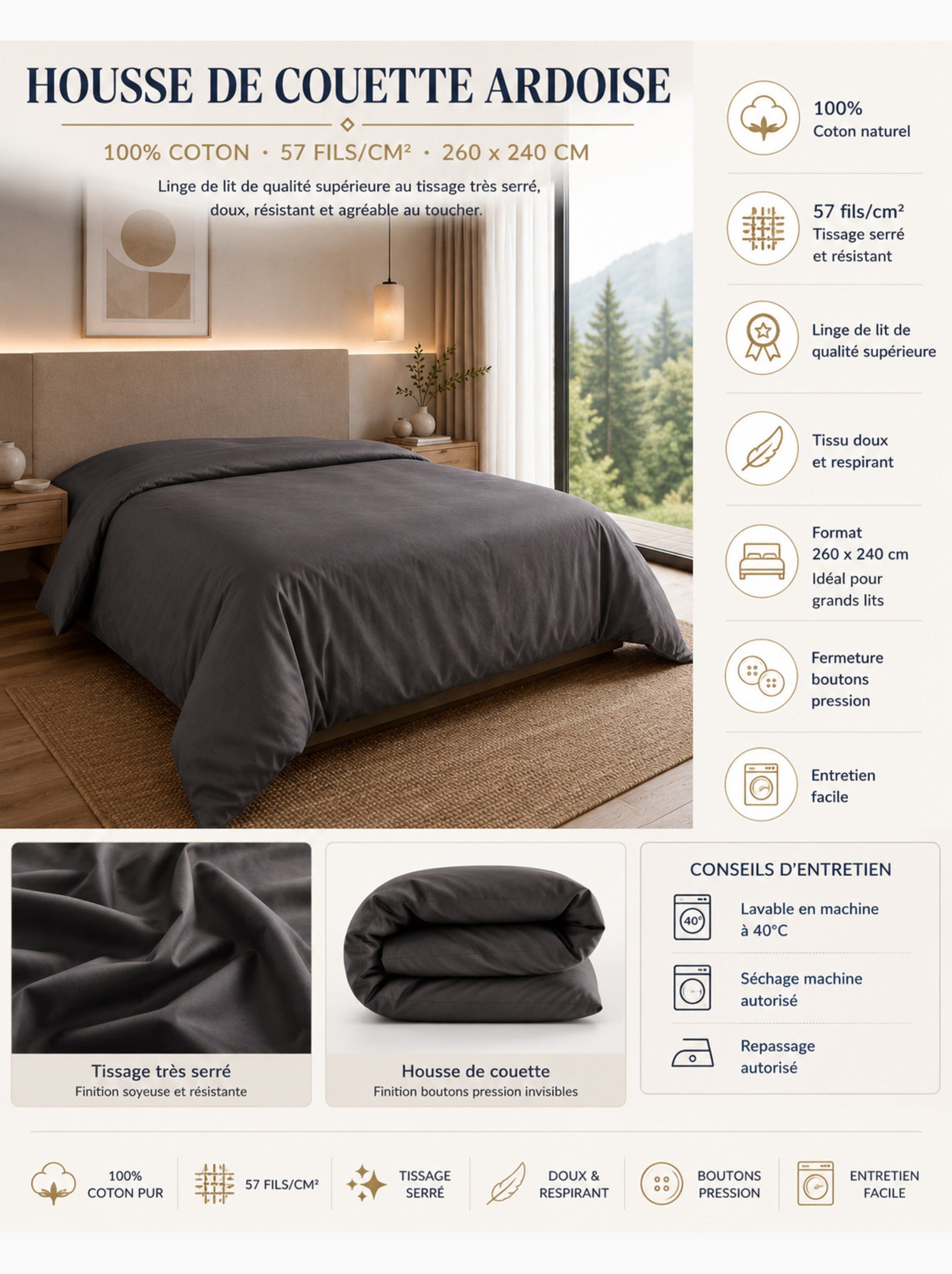 Housse de couette – 100% coton 57 fils/cm² – qualité supérieure - gris anthracite
