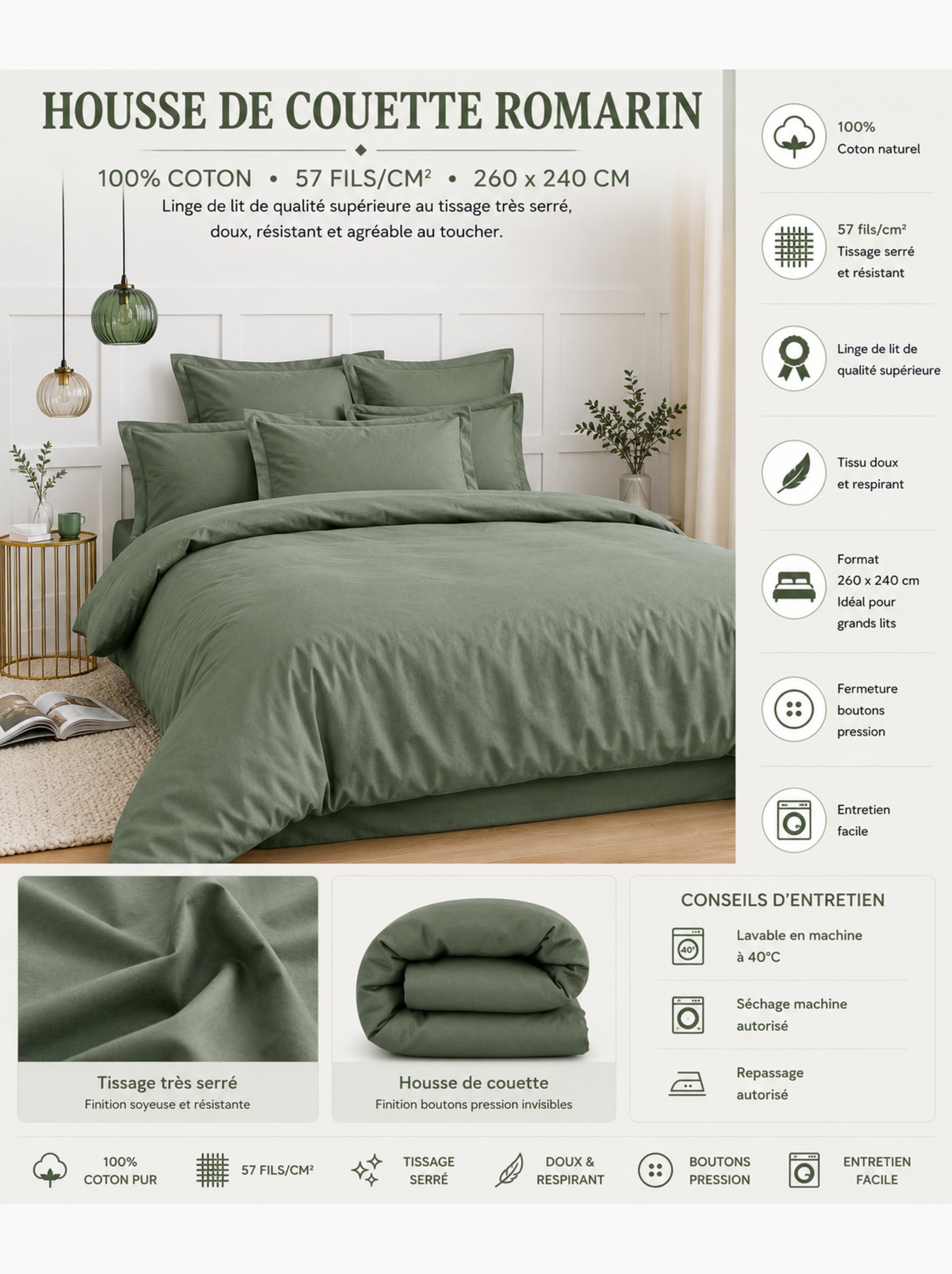 Housse de couette – 100% coton 57 fils/cm² – qualité supérieure - Kaki