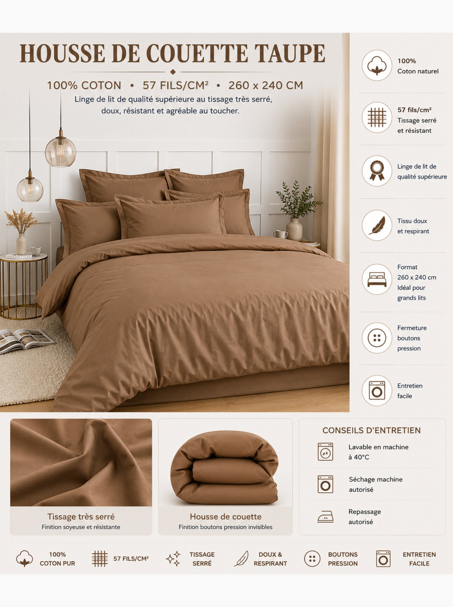 Housse de couette – 100% coton 57 fils/cm² – qualité supérieure - Taupe