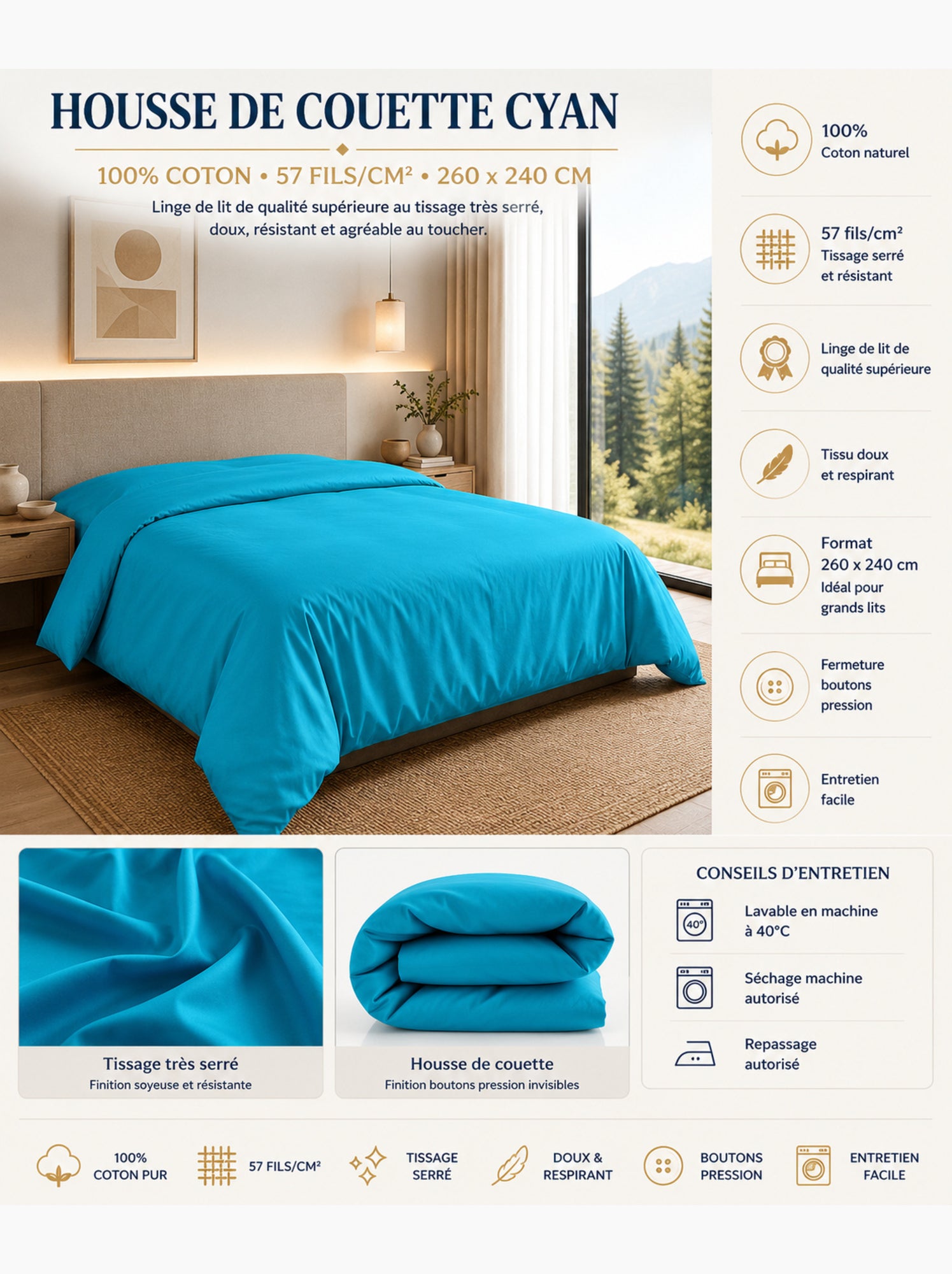 Housse de couette – 100% coton 57 fils/cm² – qualité supérieure - Turquoise