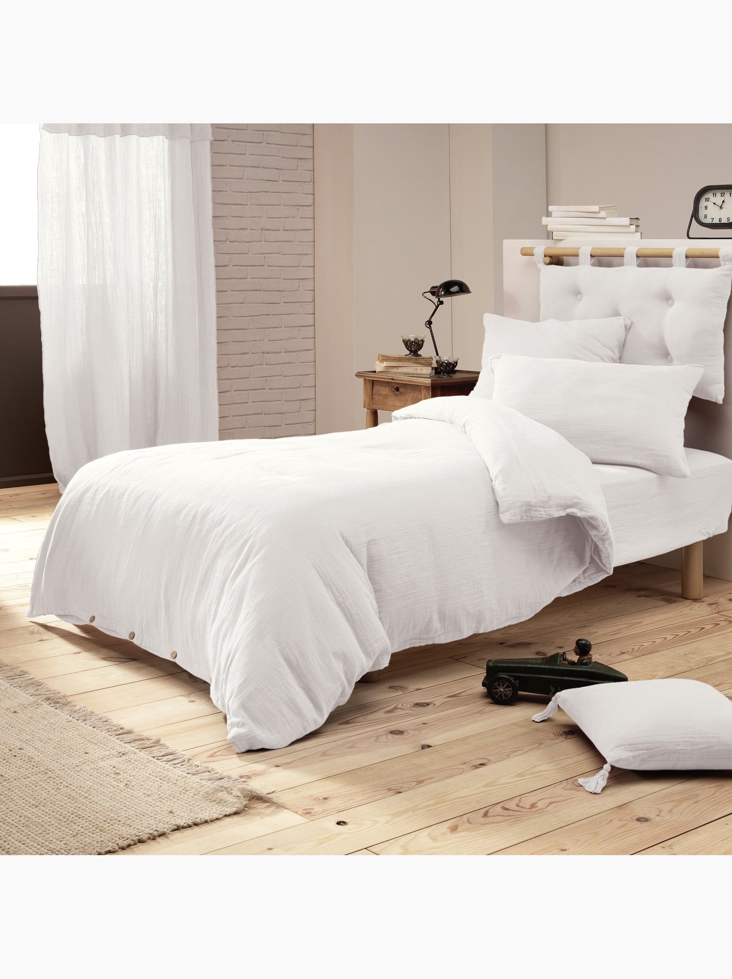 Housse de couette – double gaze de coton - finition boutons en bois - gaïa - Blanc