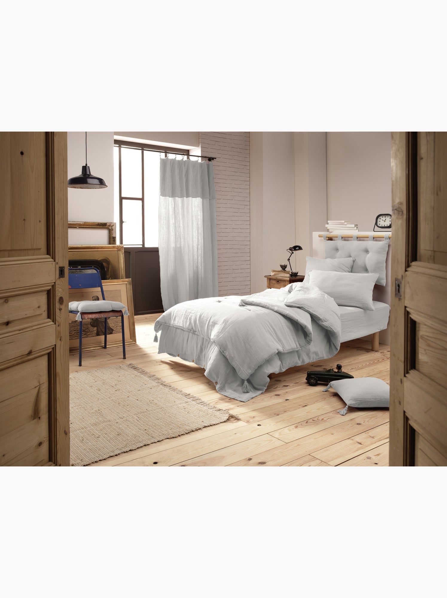 Housse de couette – double gaze de coton - finition boutons en bois - gaïa - Gris nuage