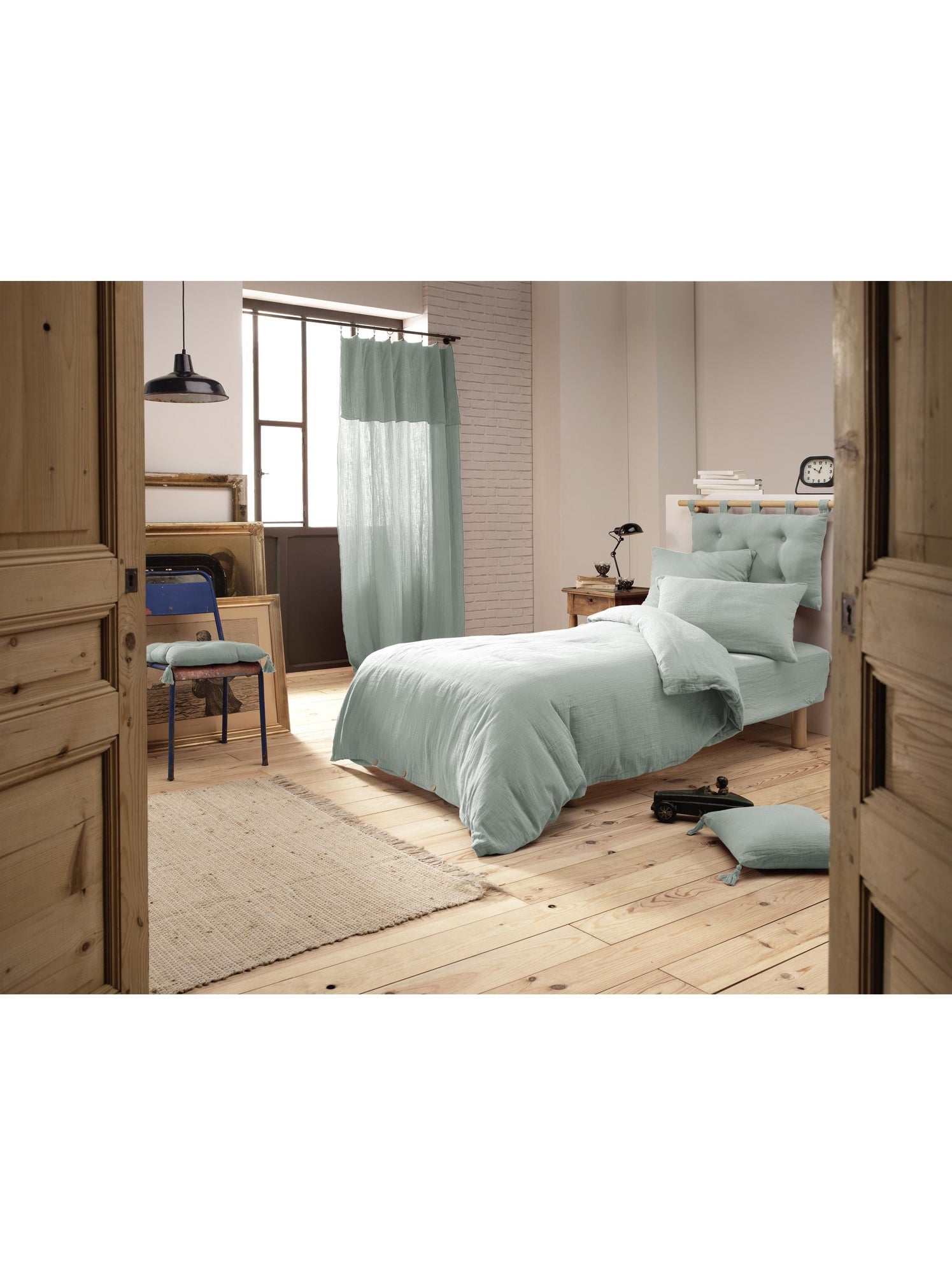 Housse de couette – double gaze de coton - finition boutons en bois - gaïa - Vert eucalyptus
