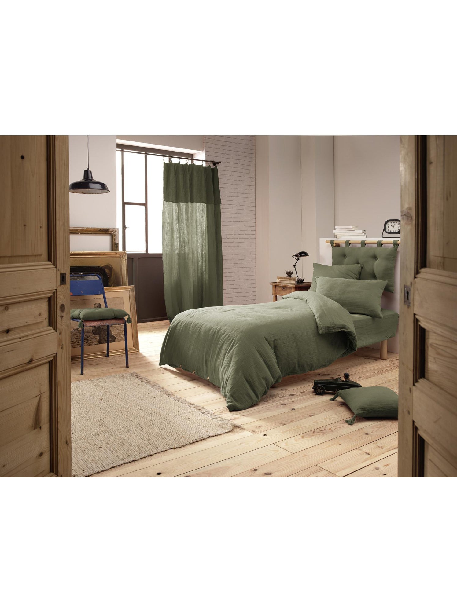 Housse de couette – double gaze de coton - finition boutons en bois - gaïa - Vert romarin