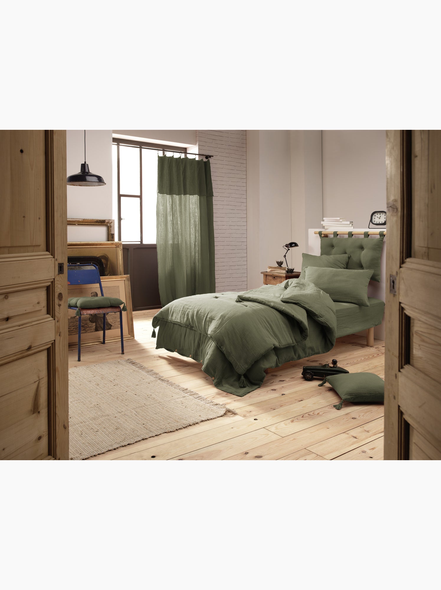 Housse de couette – double gaze de coton - finition boutons en bois - gaïa - Vert romarin
