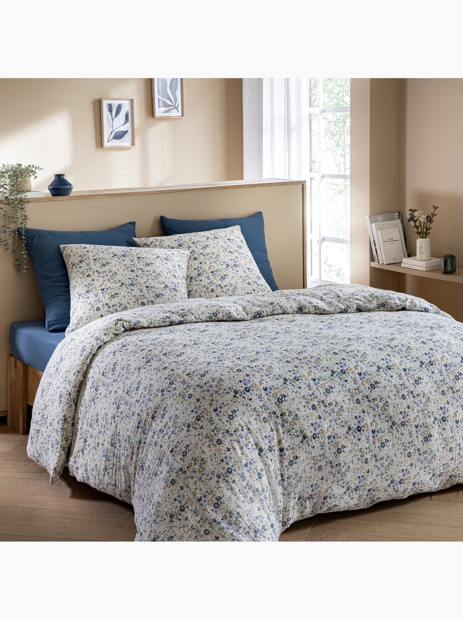 Housse de couette gaze de coton floral - Bleu