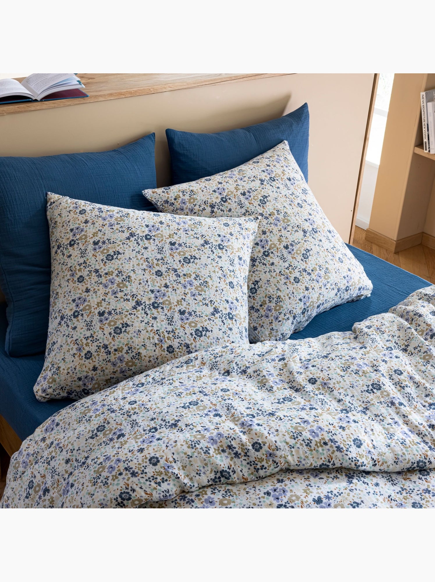 Housse de couette gaze de coton floral - Bleu