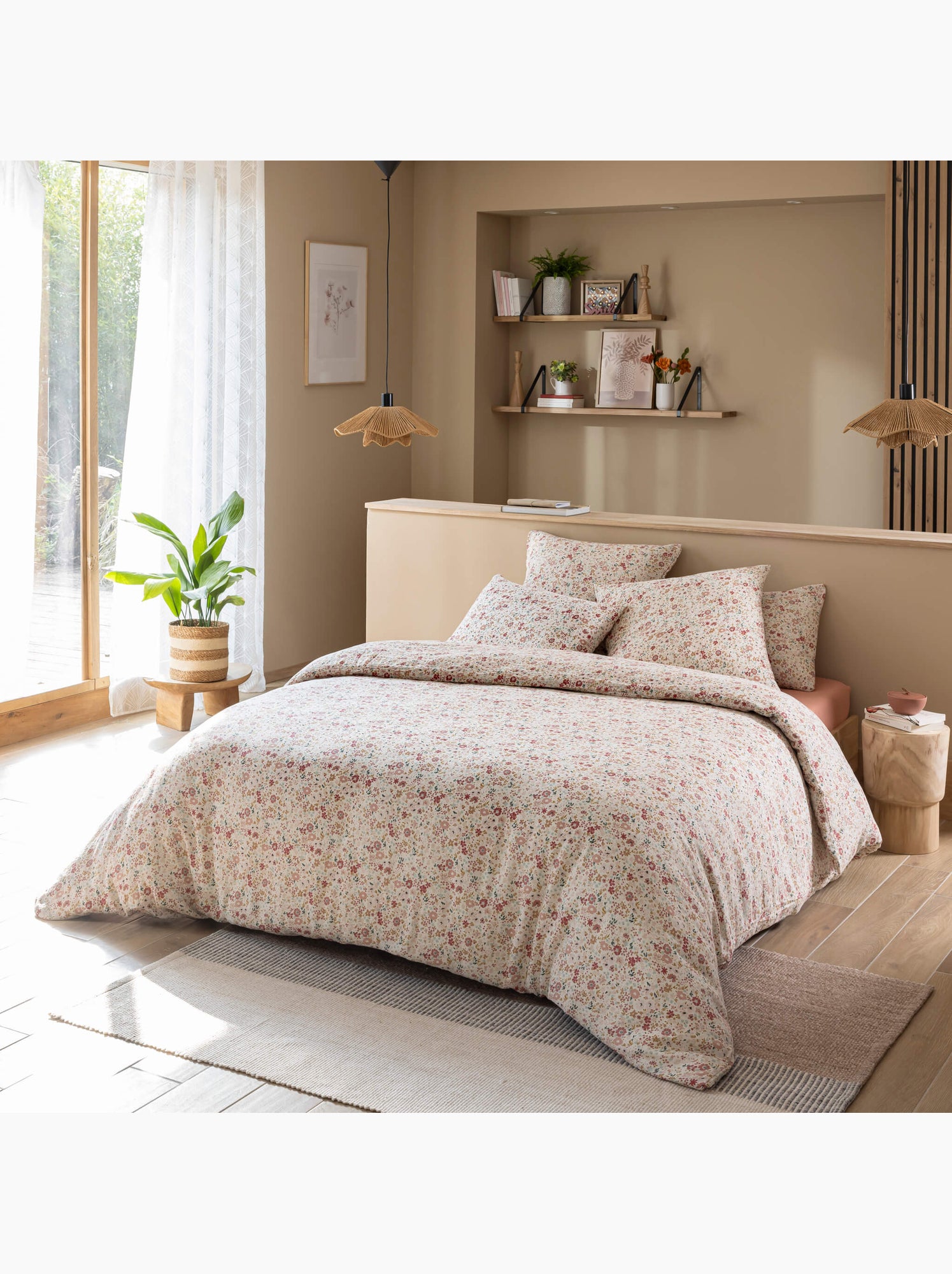 Housse de couette gaze de coton floral - Vieux rose