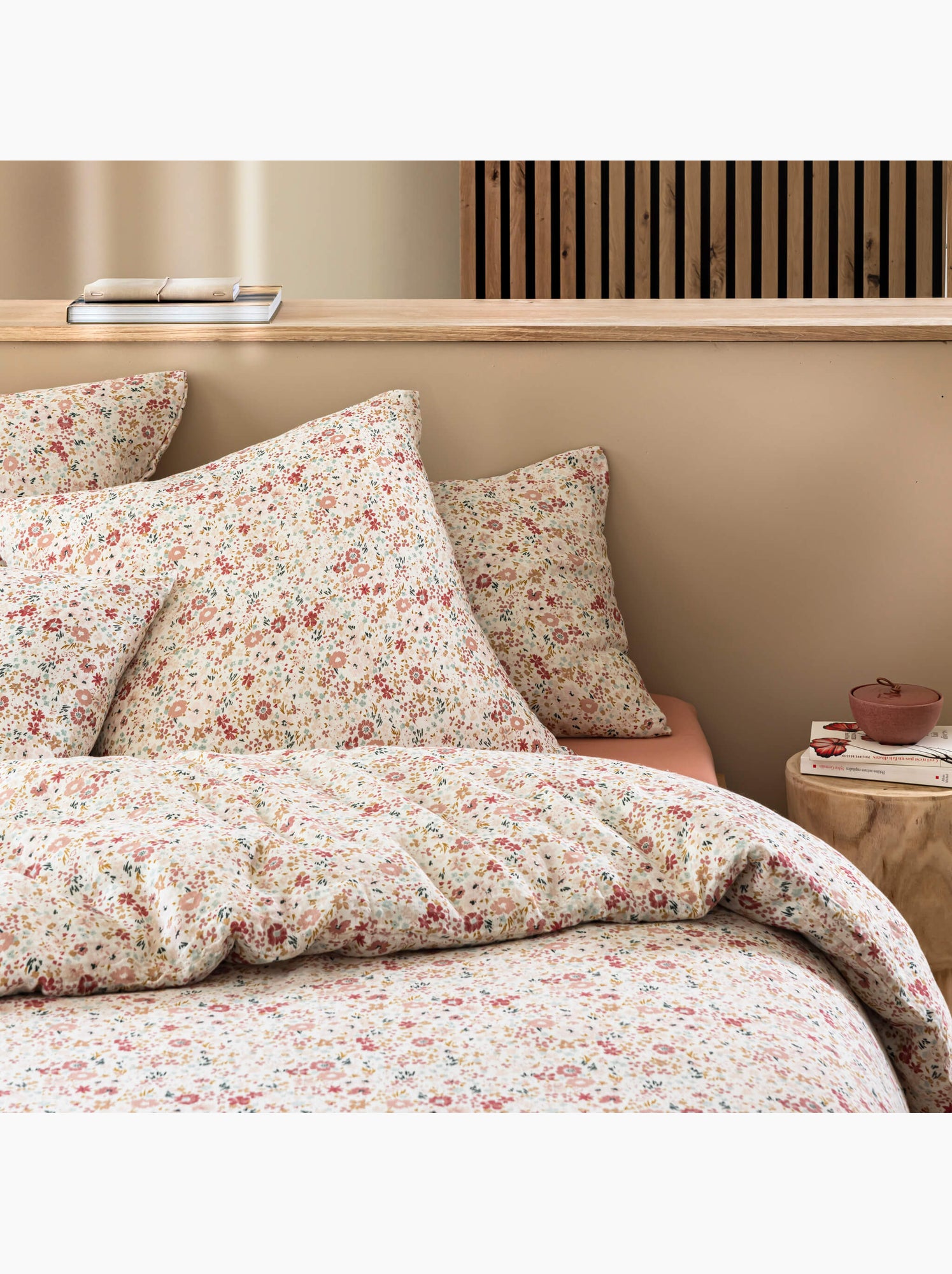 Housse de couette gaze de coton floral - Vieux rose