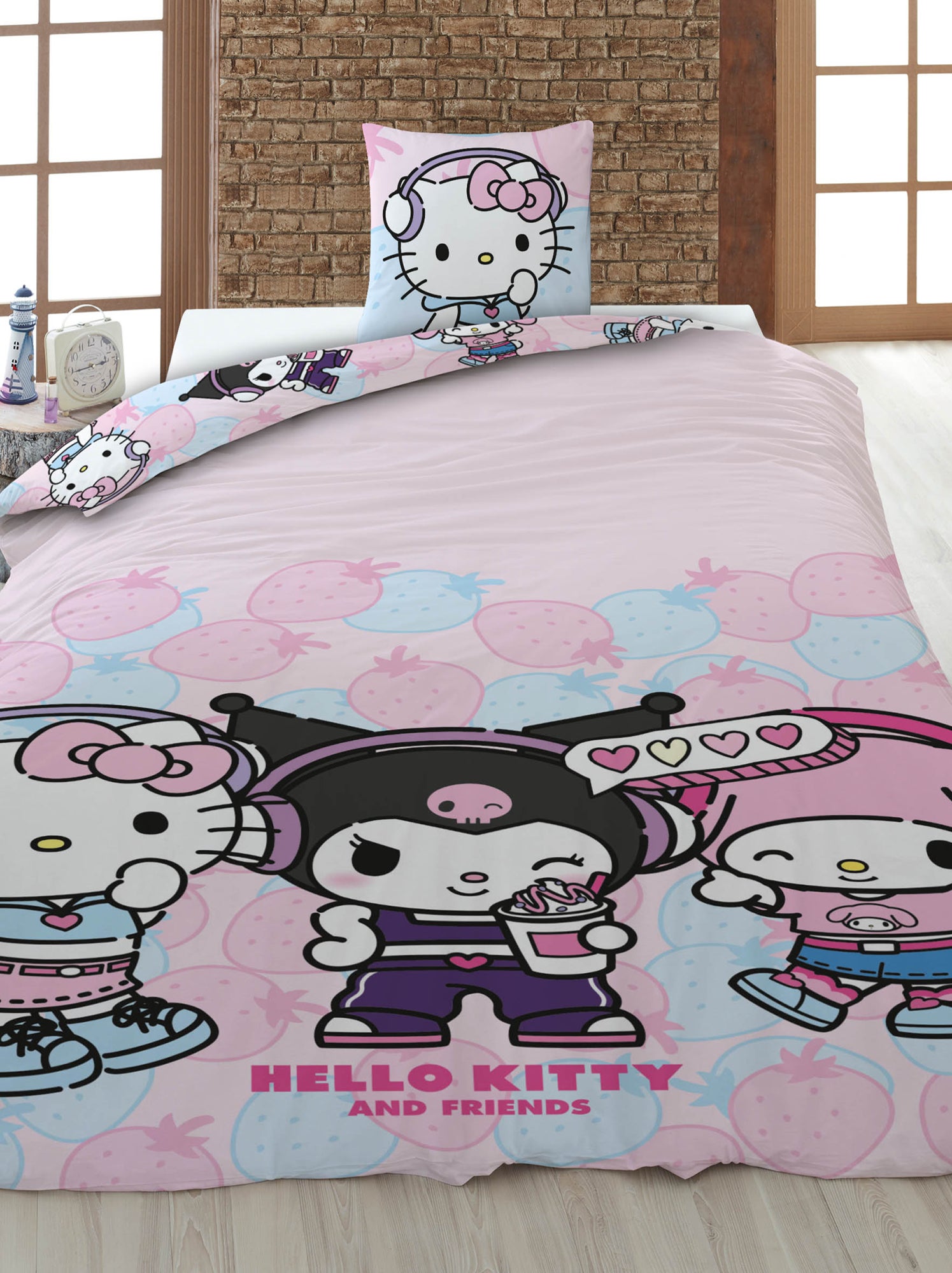 Housse de couette 'Hello Kitty' 140x200 cm avec oreillers - Rose