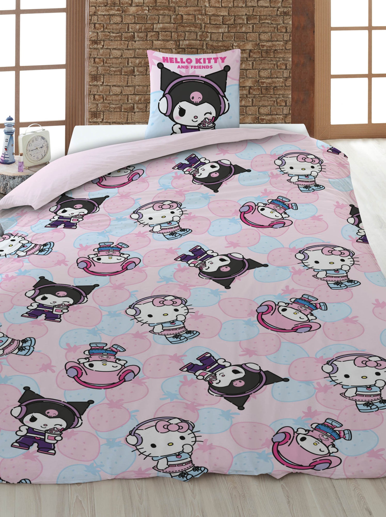 Housse de couette 'Hello Kitty' 140x200 cm avec oreillers - Rose