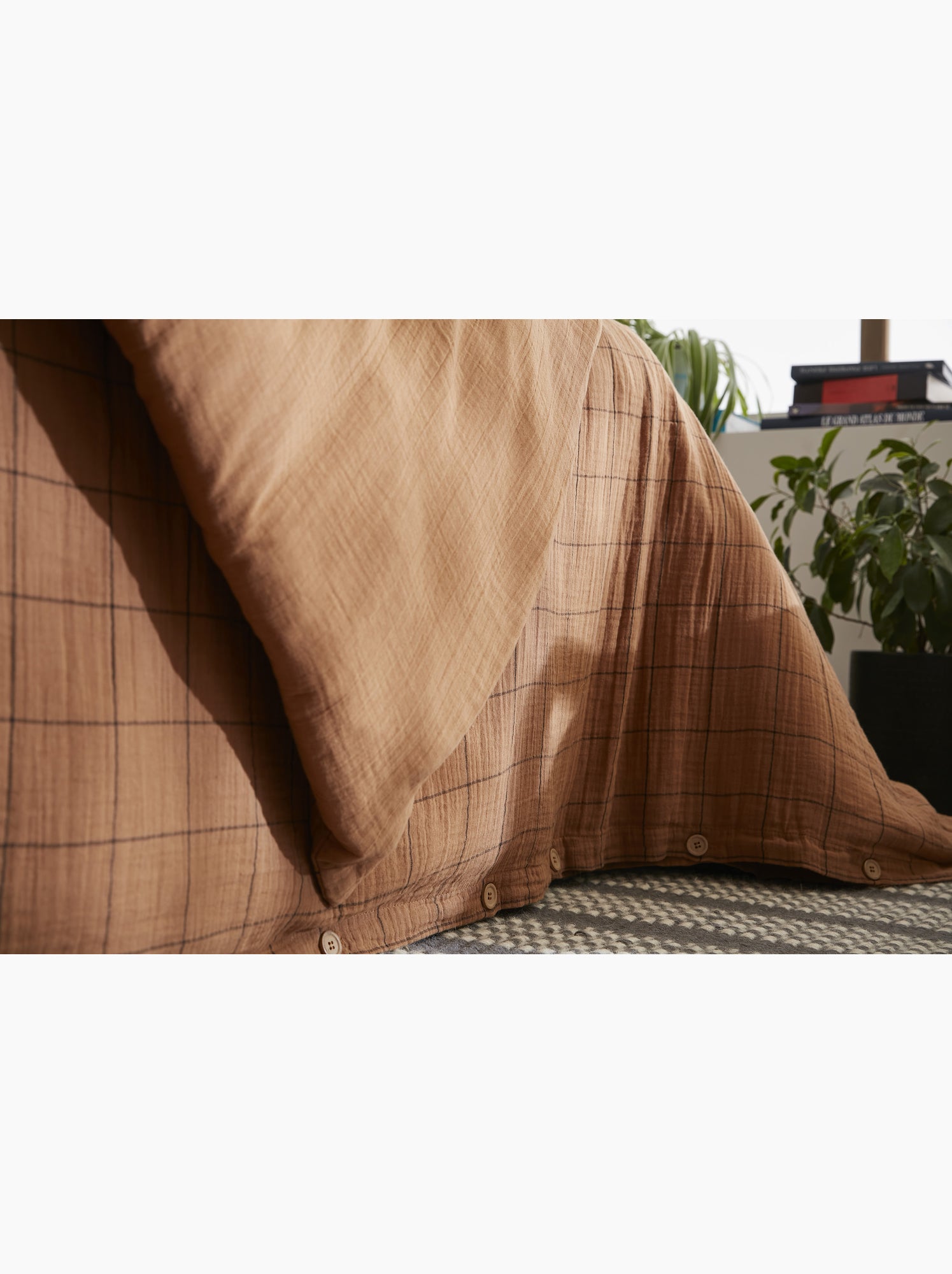 Housse de couette réversible - gaze de coton tissée teinte - grands carreaux - gaïa match - Camel