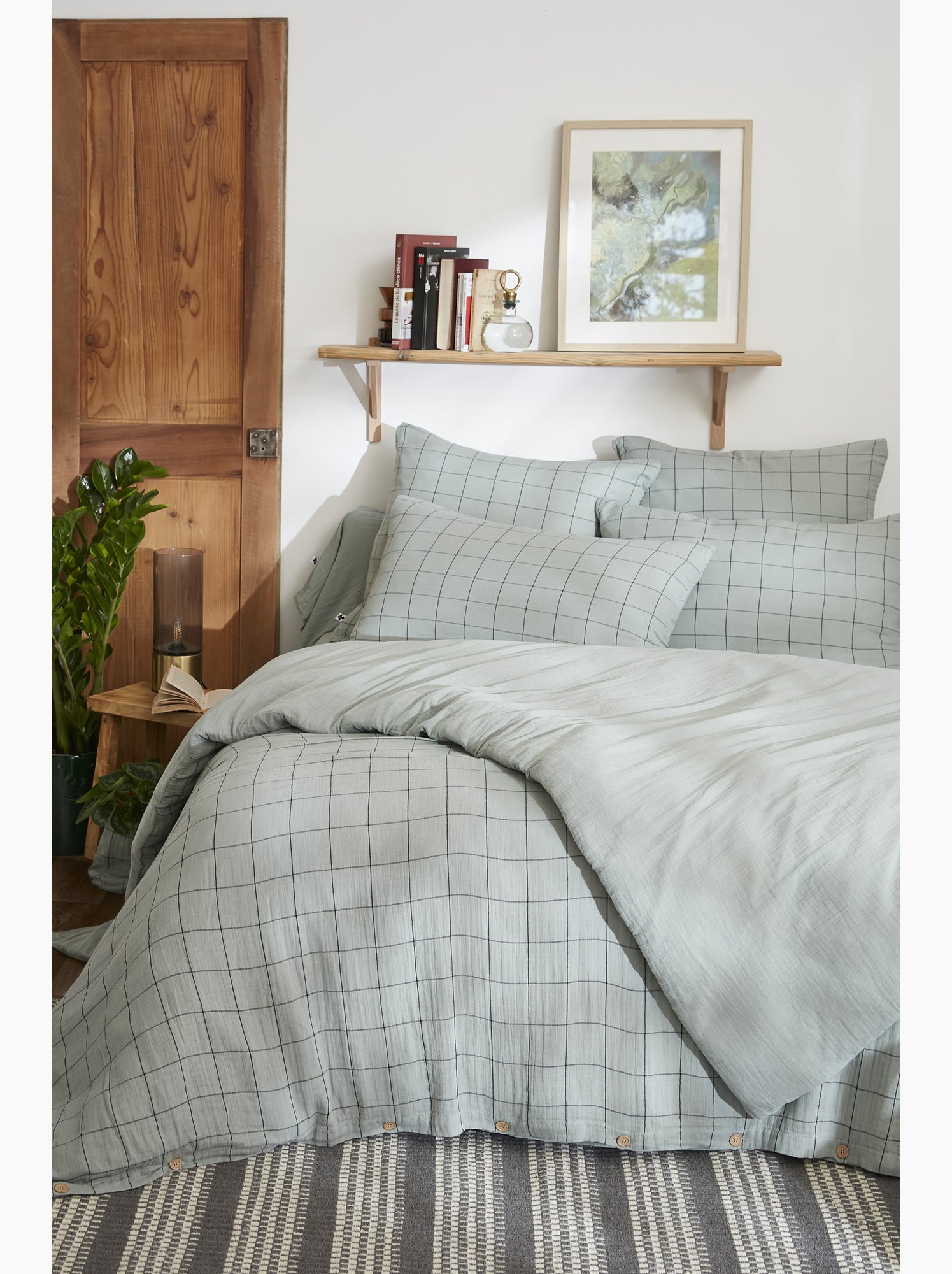 Housse de couette réversible - gaze de coton tissée teinte - grands carreaux - gaïa match - Vert eucalyptus