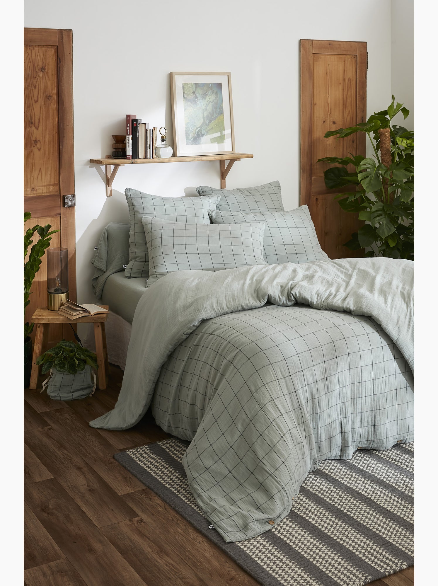 Housse de couette réversible - gaze de coton tissée teinte - grands carreaux - gaïa match - Vert eucalyptus