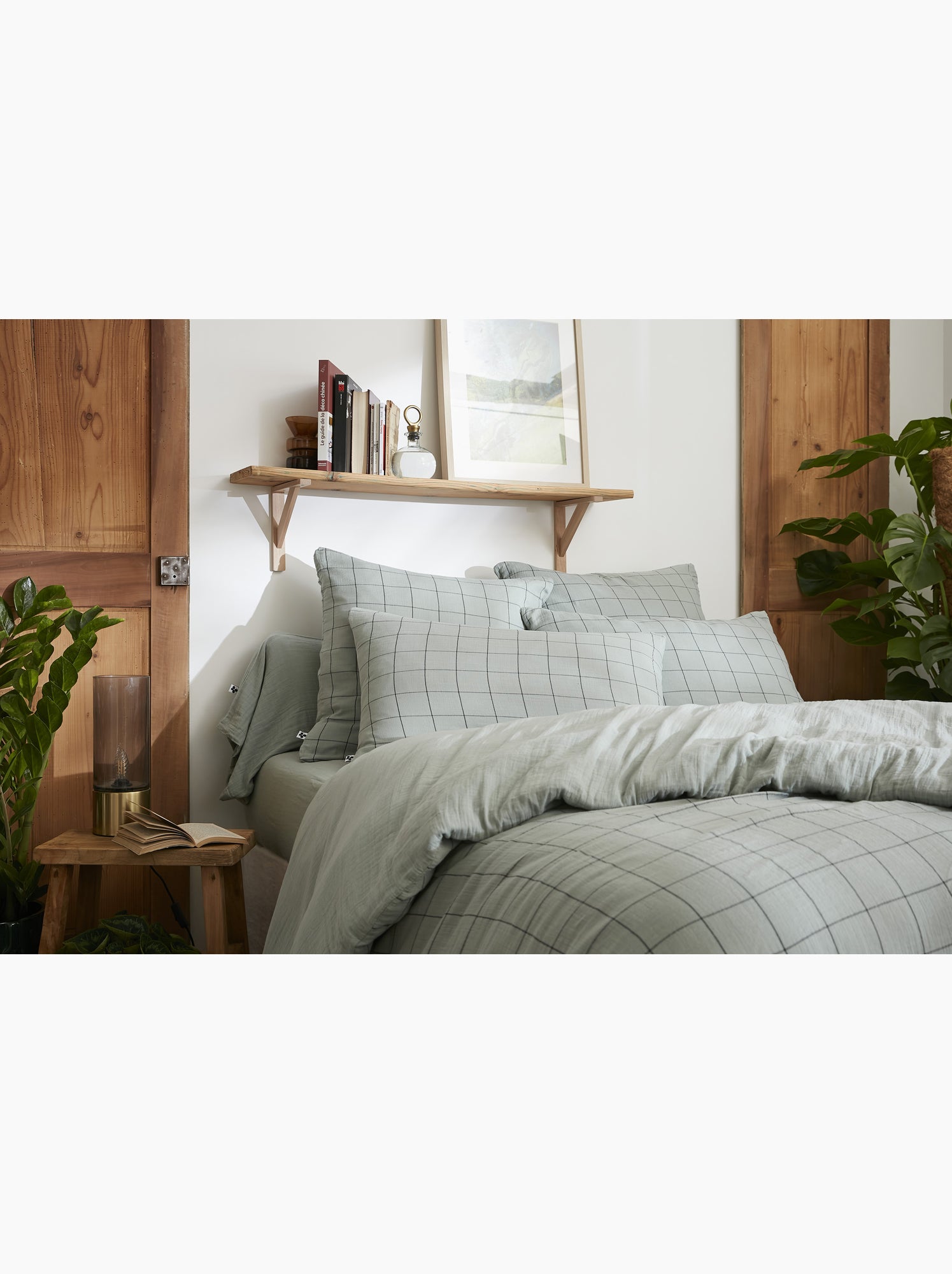 Housse de couette réversible - gaze de coton tissée teinte - grands carreaux - gaïa match - Vert eucalyptus