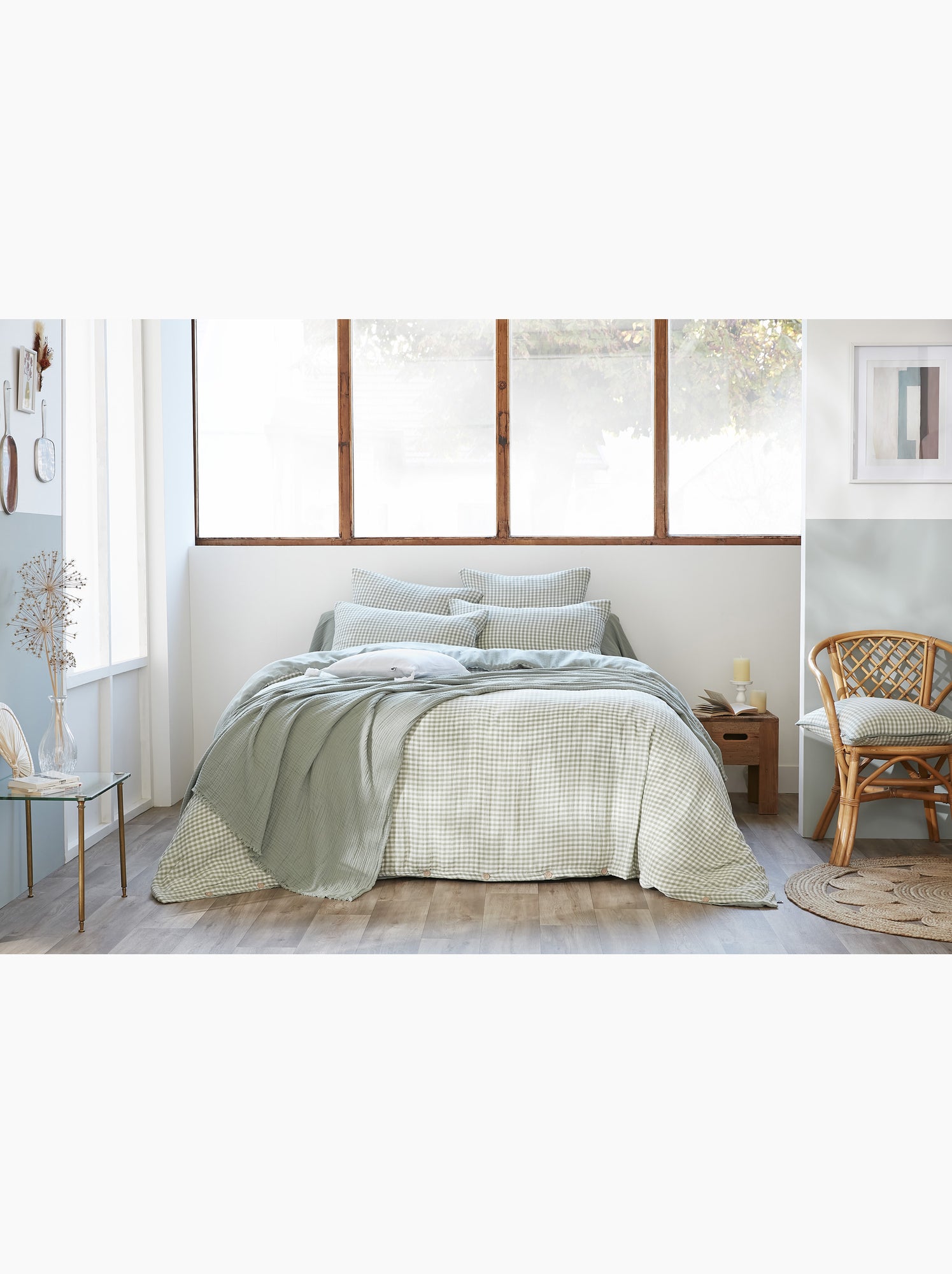 Housse de couette réversible – gaze de coton tissée teintée – carreaux vichy - vickie - Vert eucalyptus