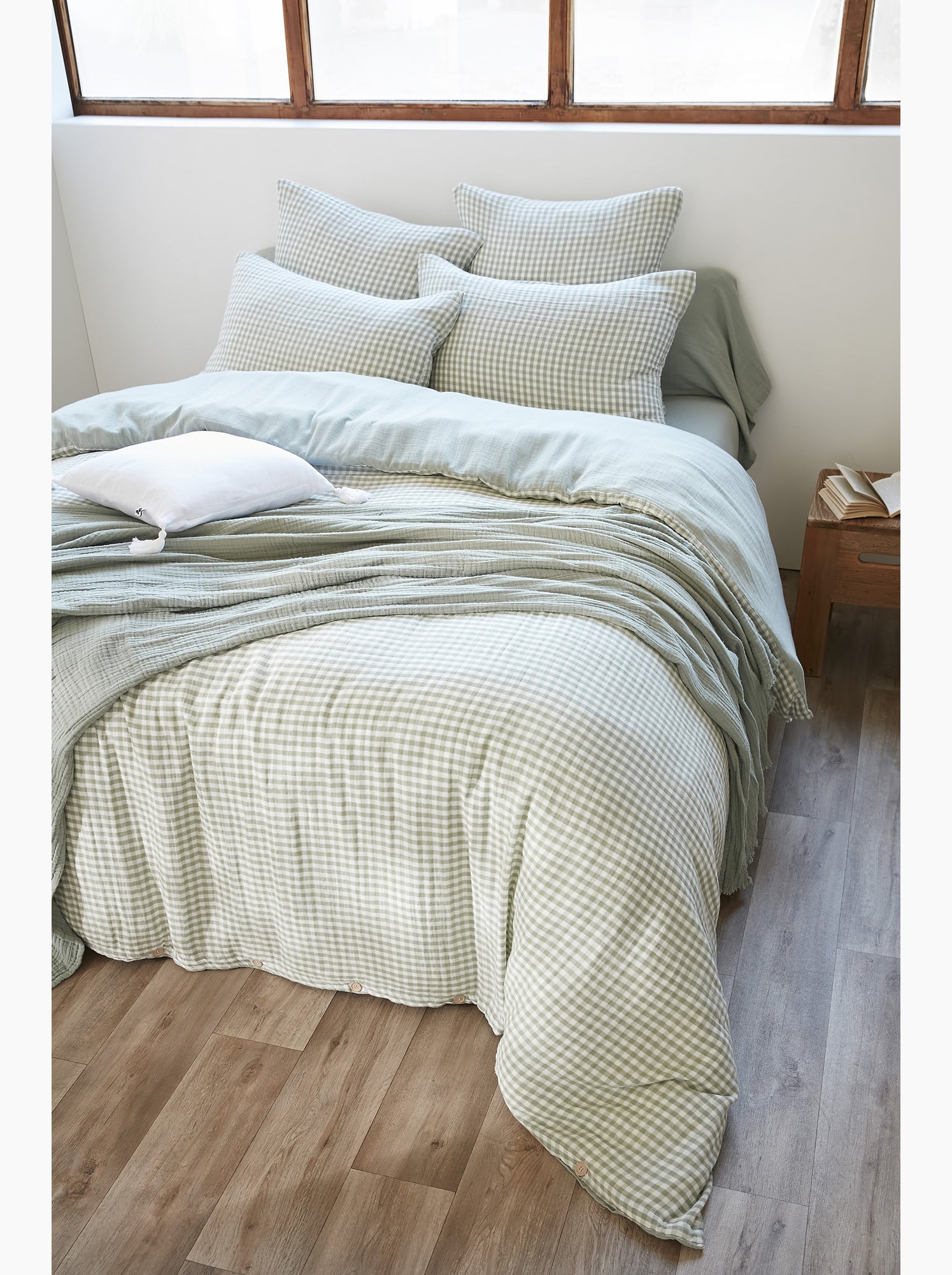 Housse de couette réversible – gaze de coton tissée teintée – carreaux vichy - vickie - Vert eucalyptus