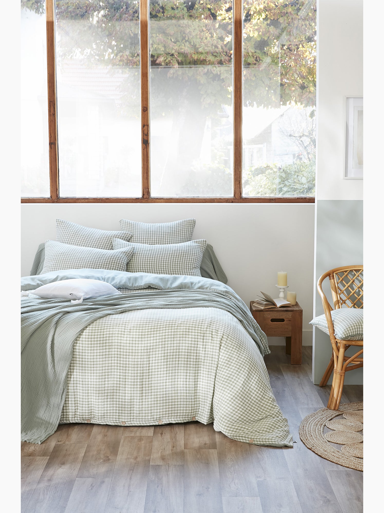 Housse de couette réversible – gaze de coton tissée teintée – carreaux vichy - vickie - Vert eucalyptus