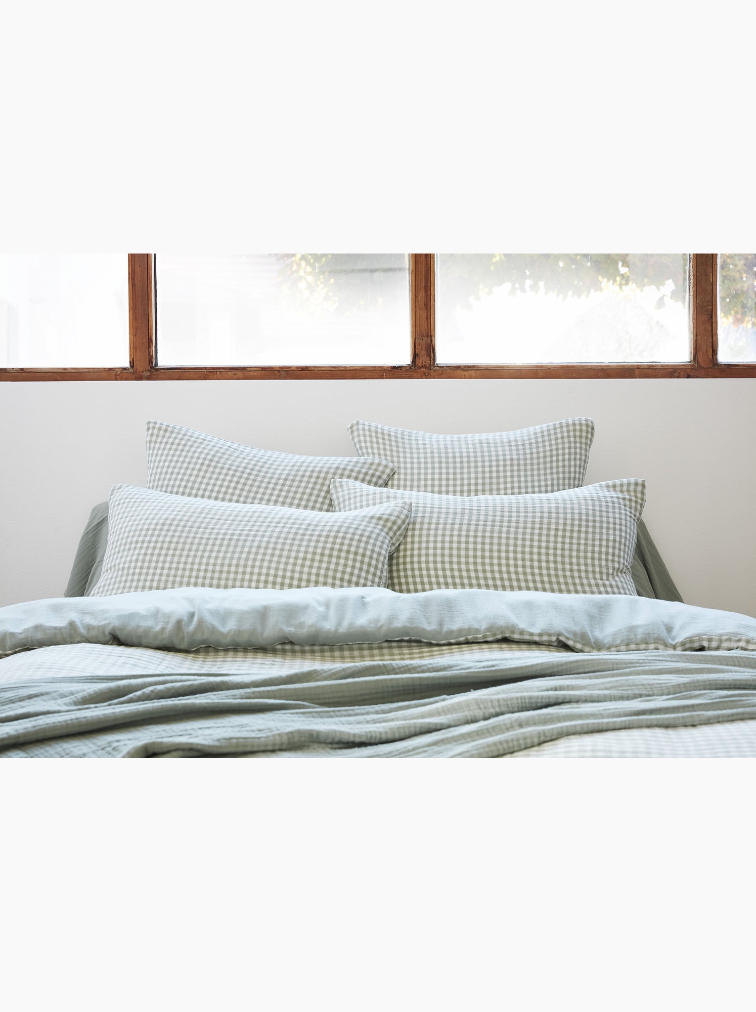Housse de couette réversible – gaze de coton tissée teintée – carreaux vichy - vickie - Vert eucalyptus