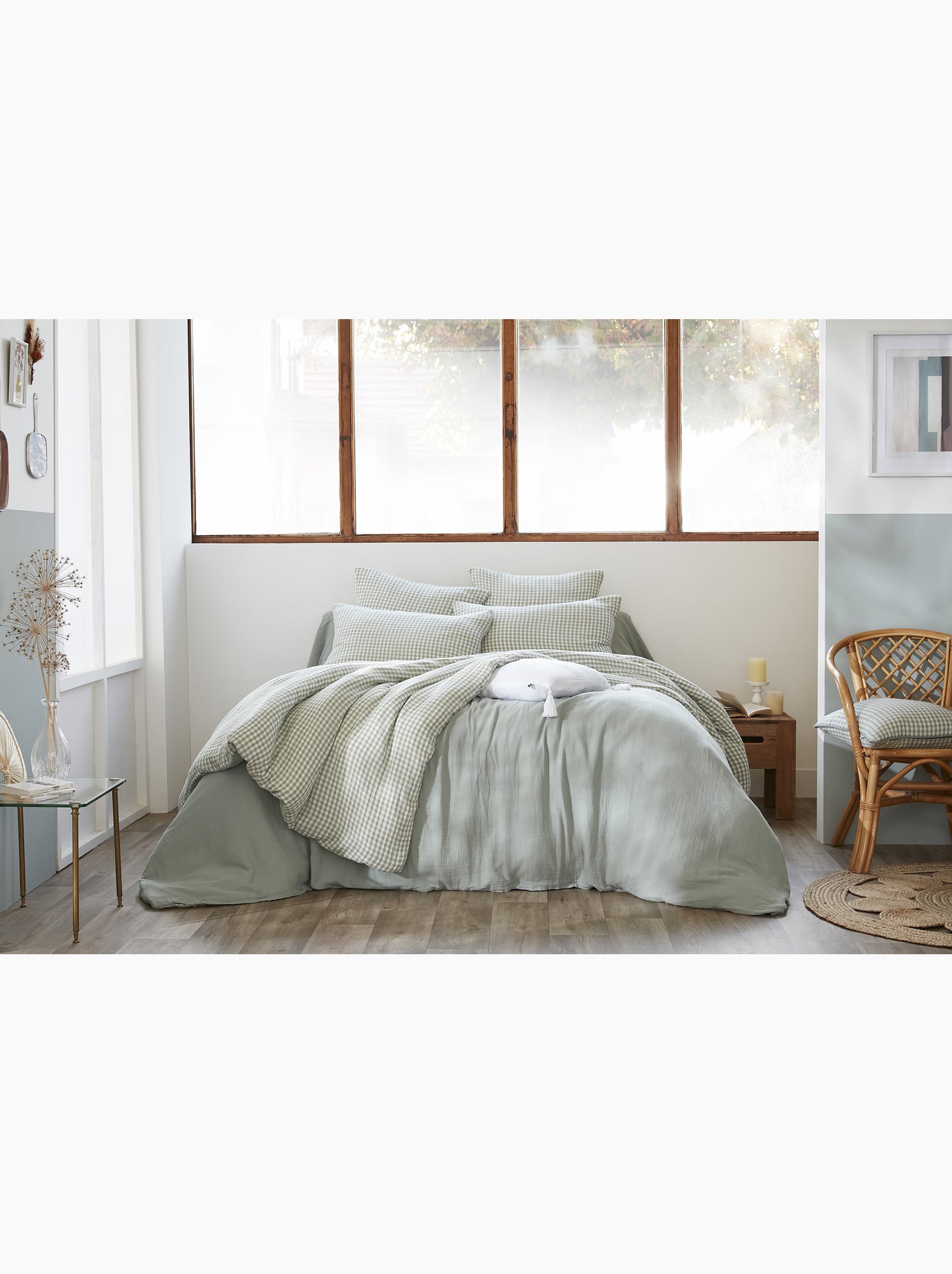 Housse de couette réversible – gaze de coton tissée teintée – carreaux vichy - vickie - Vert eucalyptus