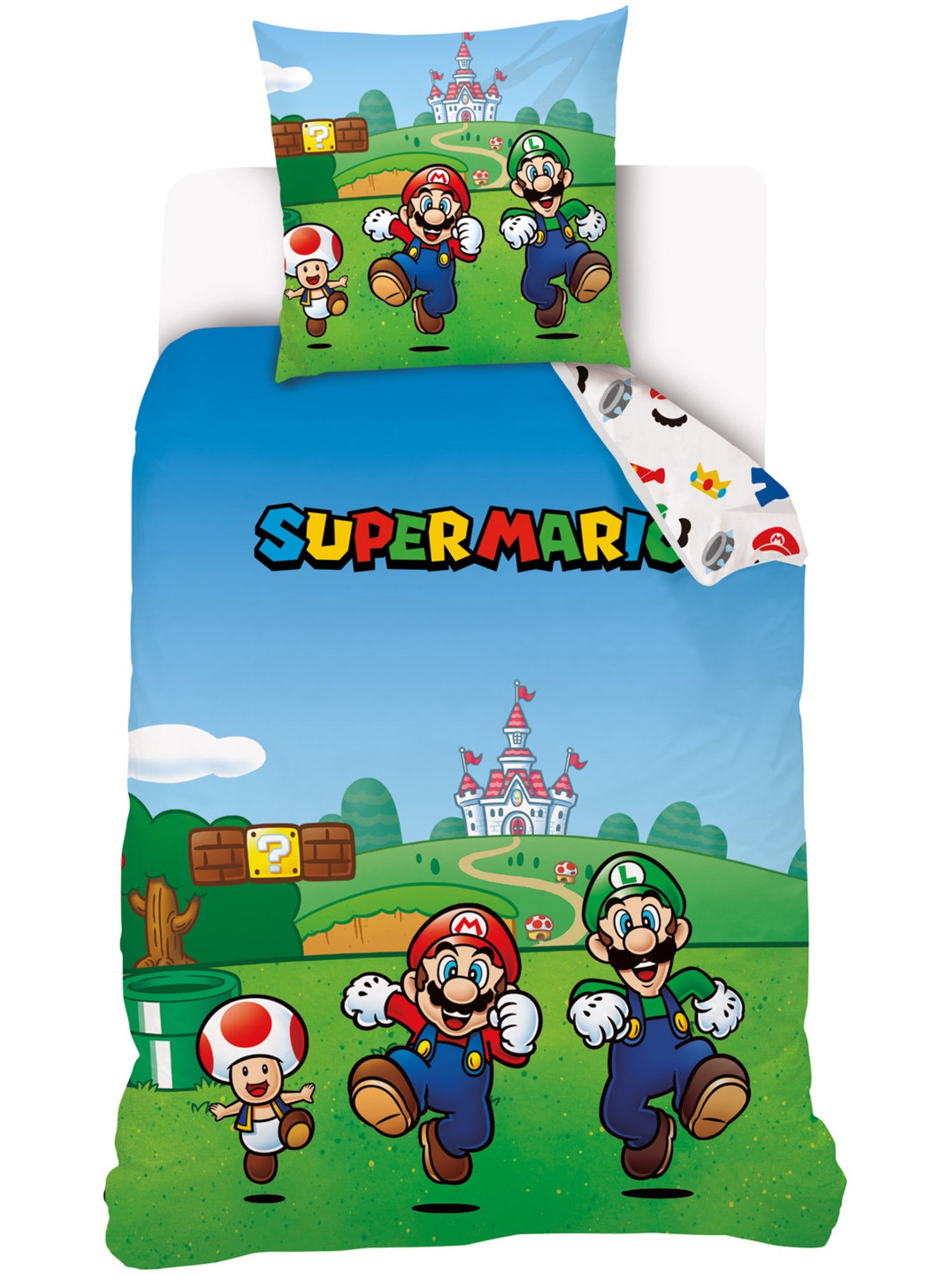 Housse de couette Super Mario - 100% Coton - Vert et bleu - Bleu