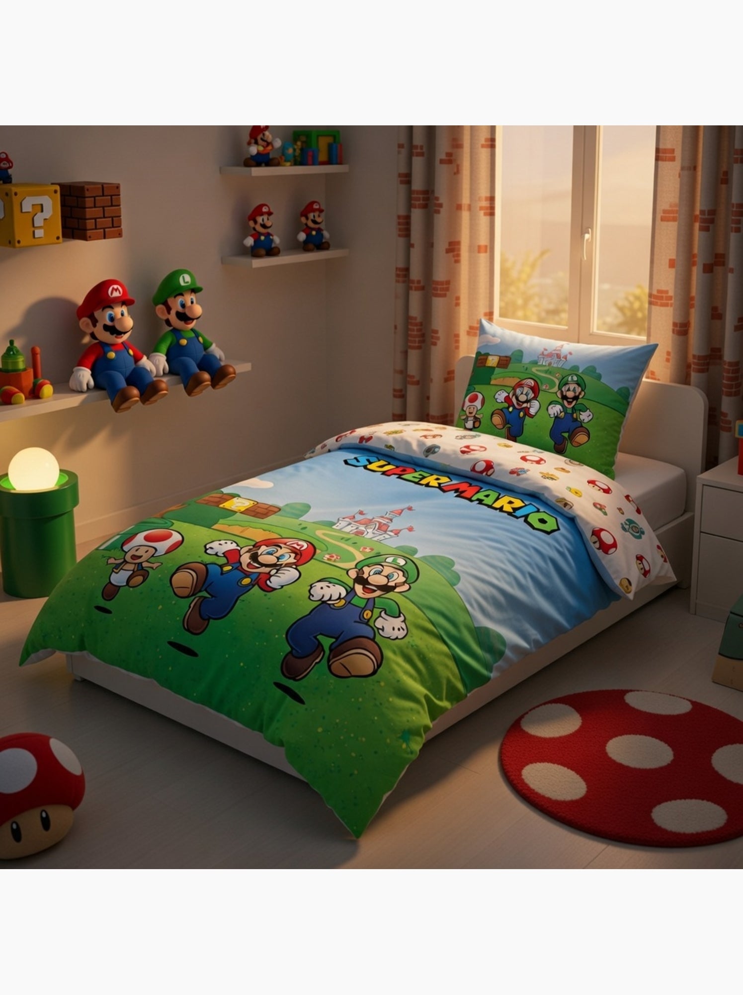 Housse de couette Super Mario - 100% Coton - Vert et bleu - Bleu
