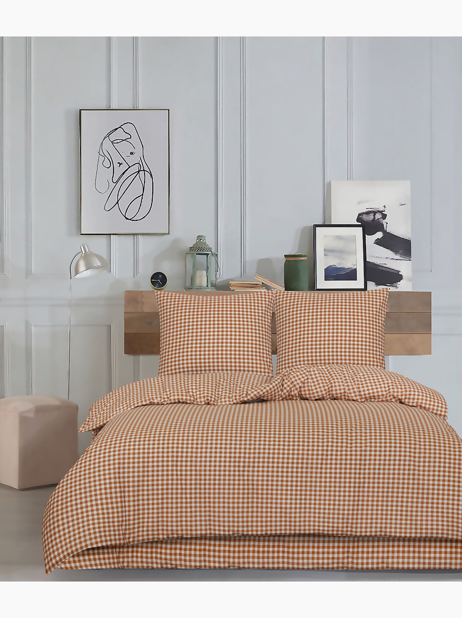 Housse de couette + taie(s) oreiller "Vichy mocca" 100% coton imprimé. - Moka
