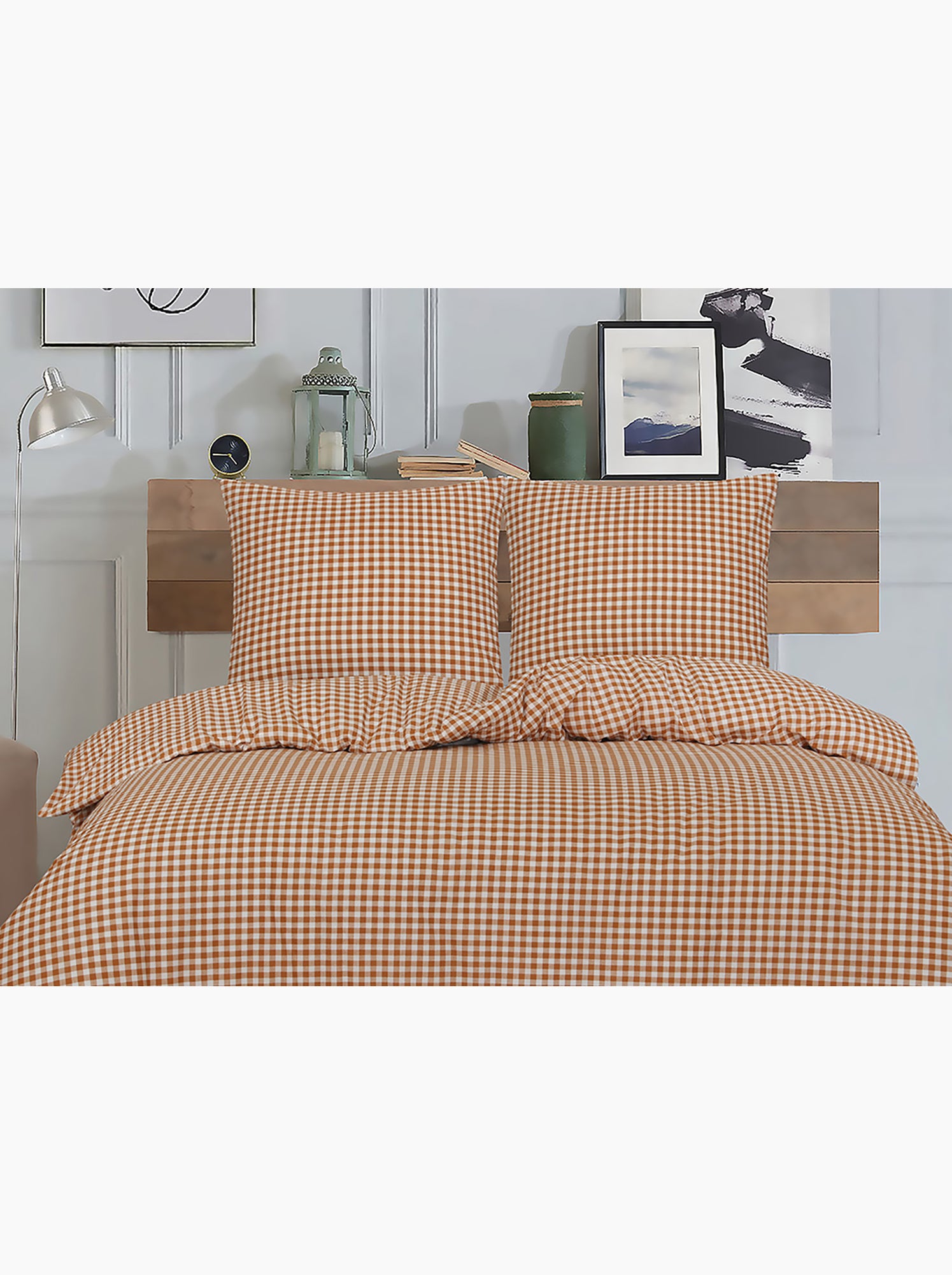 Housse de couette + taie(s) oreiller "Vichy mocca" 100% coton imprimé. - Moka