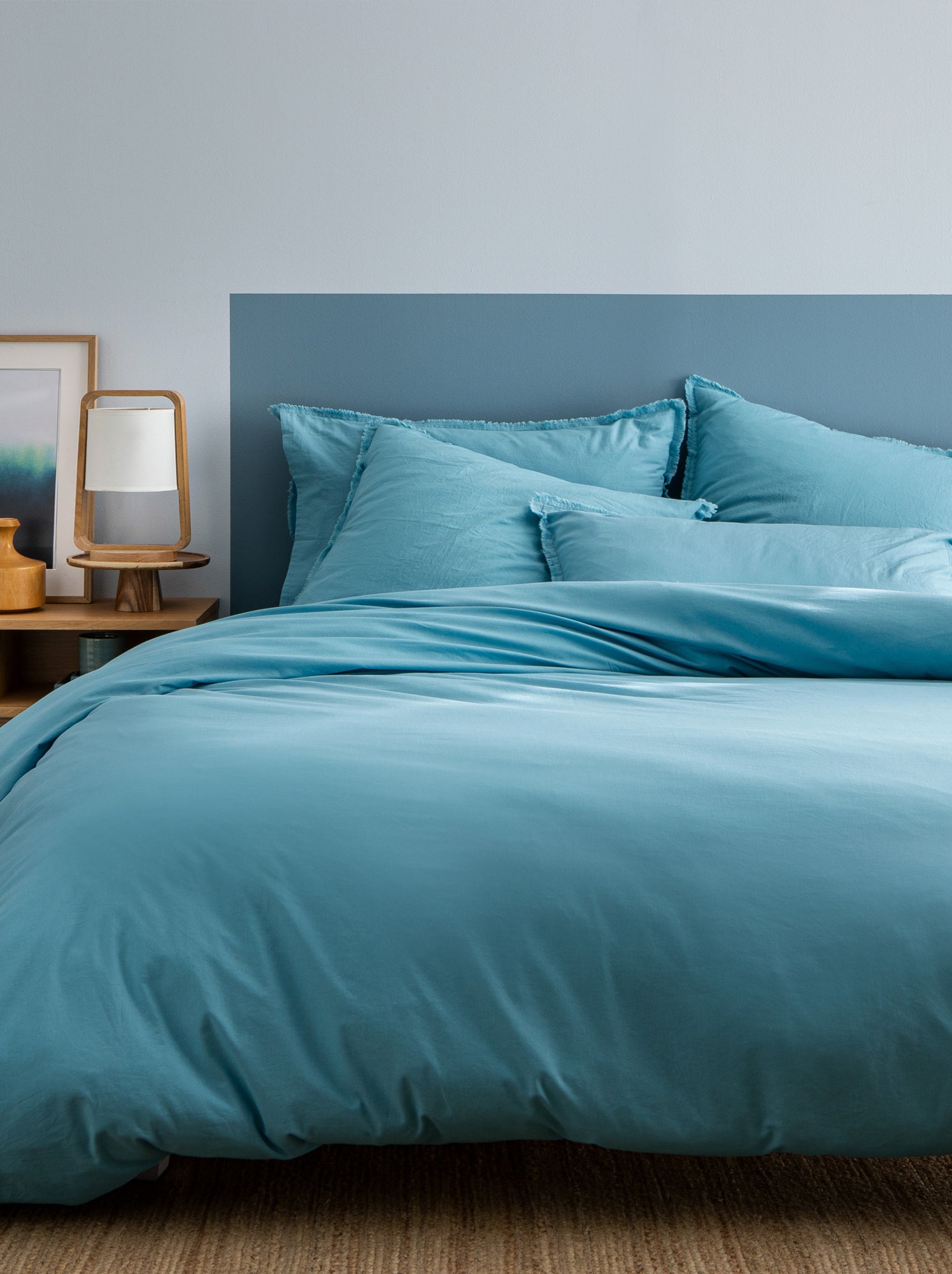 Housse de couette unie en coton, COTON LAVÉ - Bleu polaire