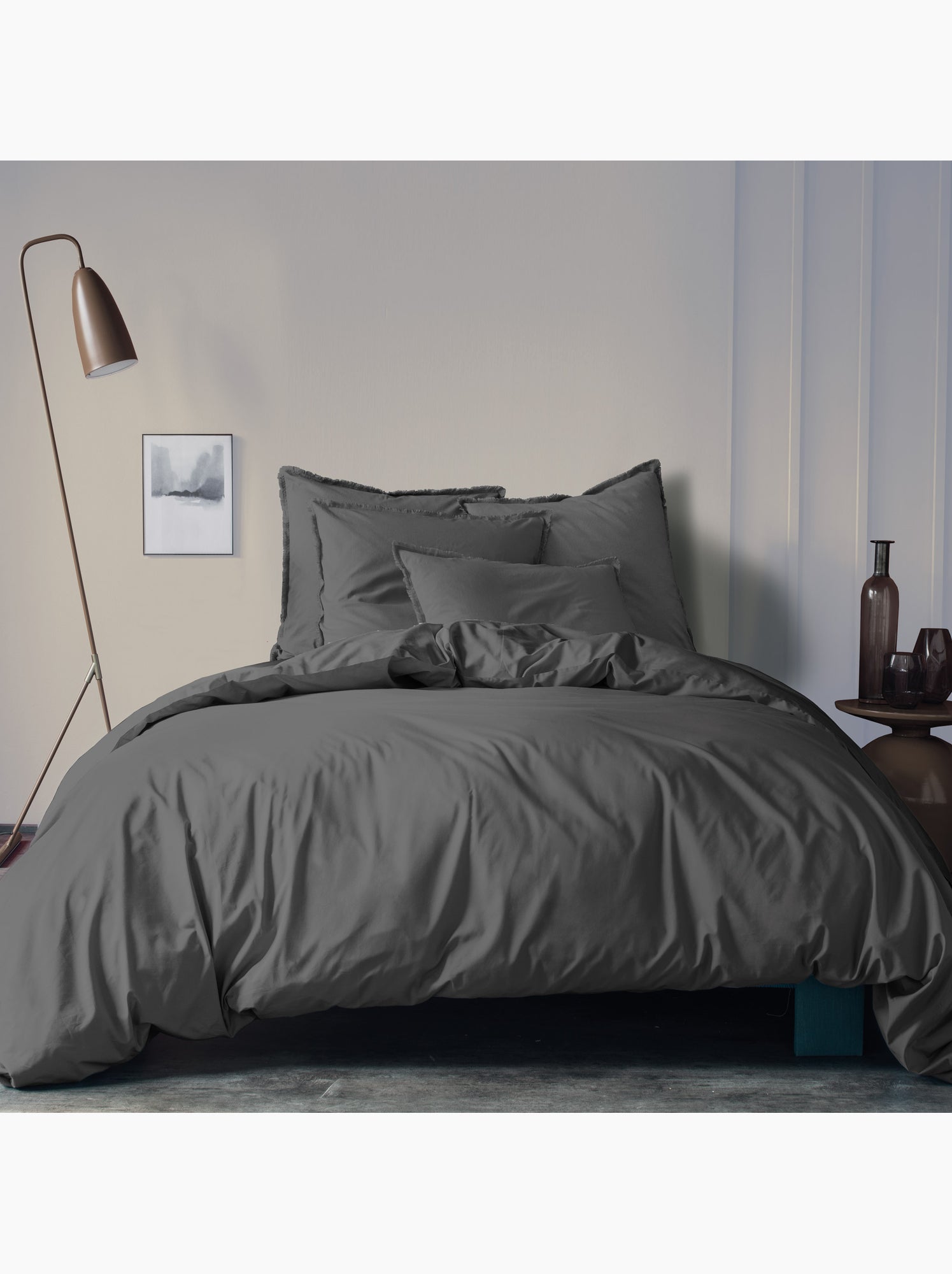 Housse de couette unie en coton, COTON LAVÉ - gris anthracite