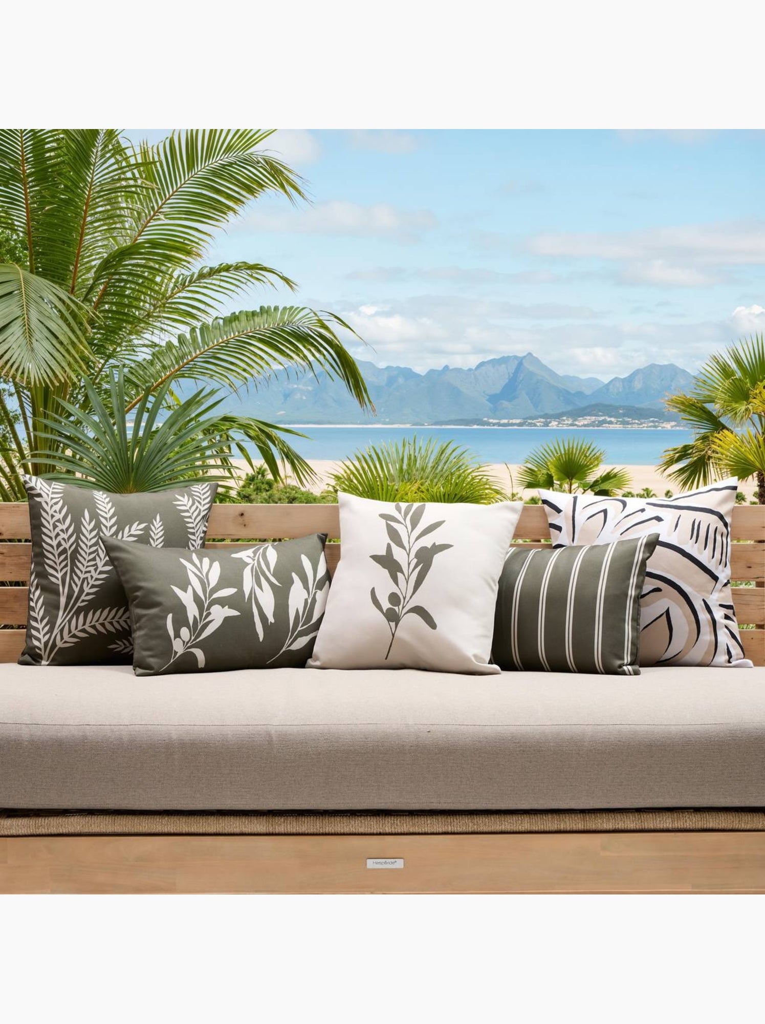 Housse de coussin d'extérieur motif feuille et vert tileo - Beige